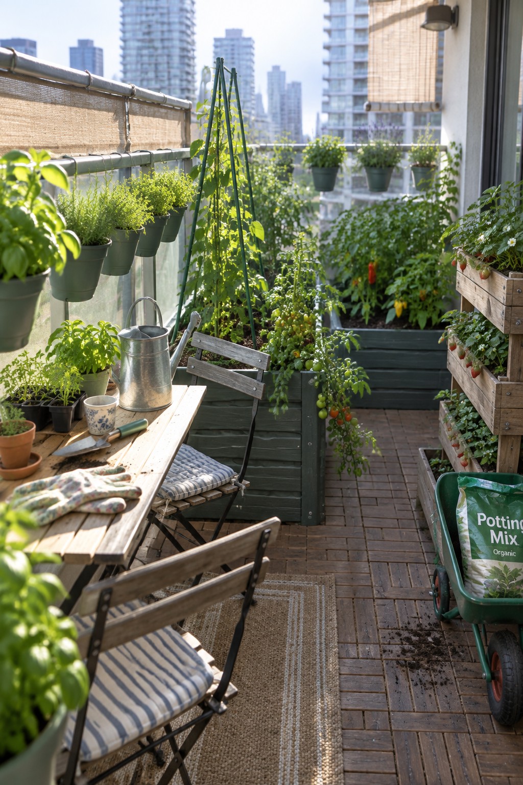 Lush urban balcony garden with potted herbs, tomatoes, wooden table, chairs, and city view.