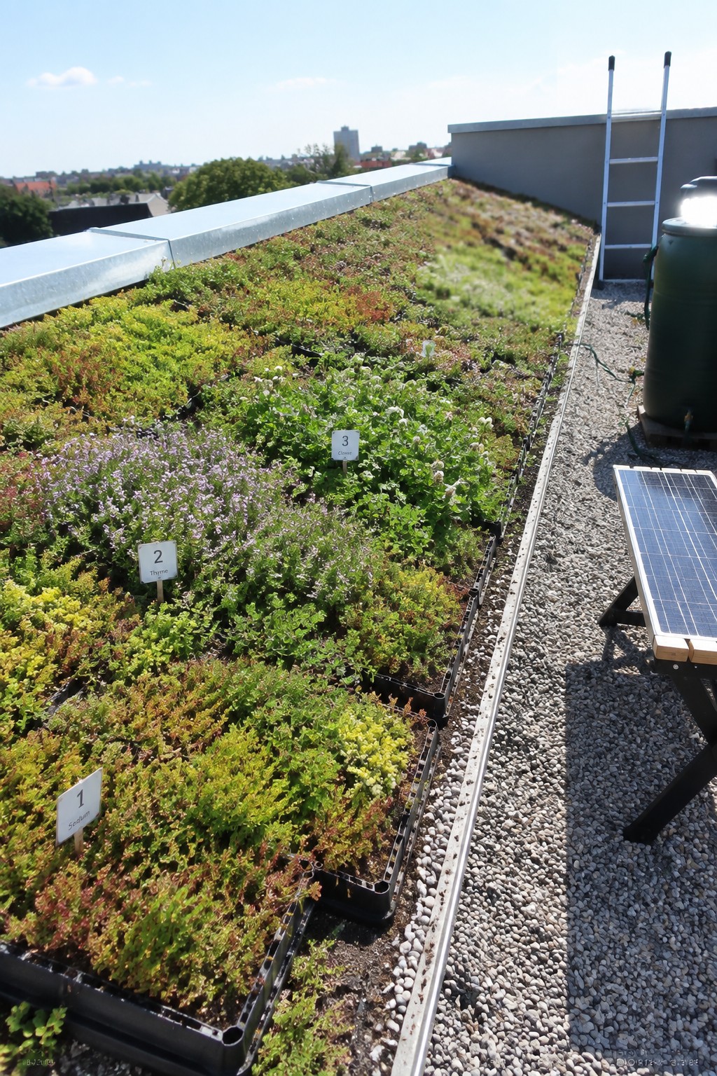 Rooftop garden with labeled sedum, thyme, and clover plant trays beside solar panel on gravel