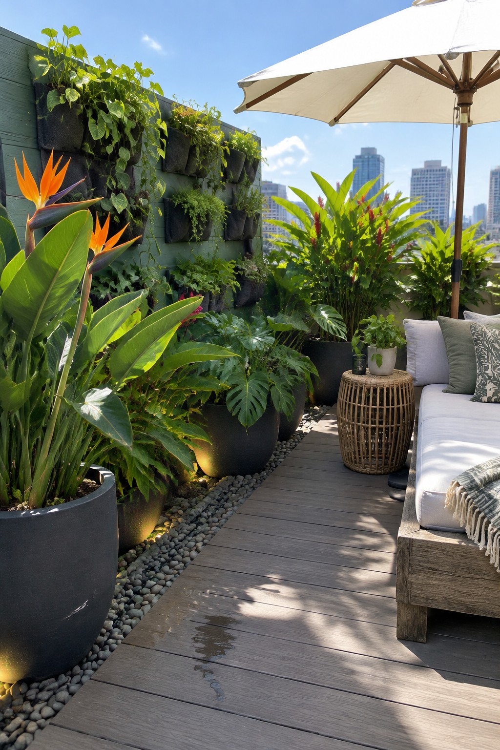 A rooftop deck with wooden planks, white umbrella, outdoor sofa, and multiple large black container planters holding tropical plants including bird of paradise flowers next to a green living wall.