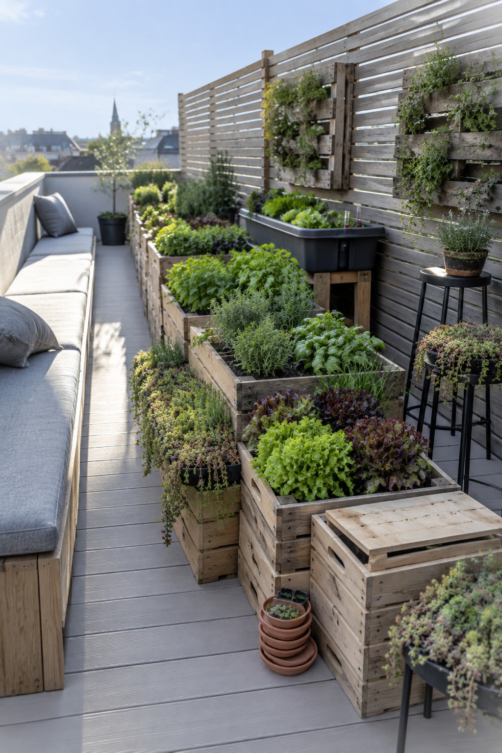 Rooftop terrace lined with wooden crate planters filled with leafy greens and herbs, alongside a cushioned bench and a slatted wooden privacy screen with additional wall-mounted planters.