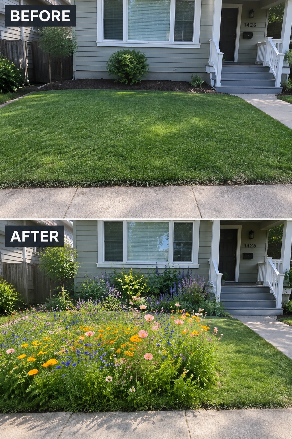 Before-and-after house yard: plain lawn replaced by colorful wildflower garden.