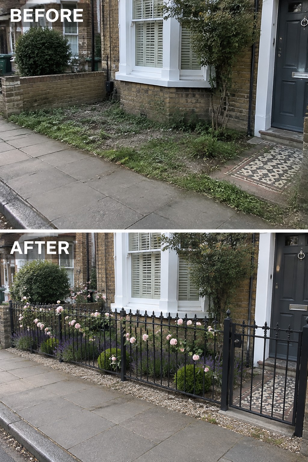 Before and after of overgrown garden transformed with black fence and pink roses.