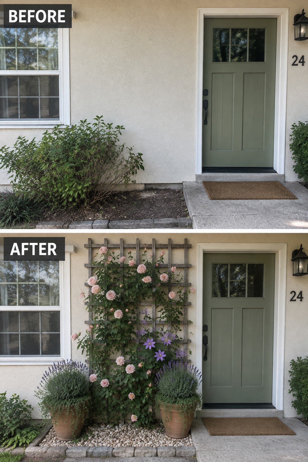 Before-and-after photos of green door with rose trellis and lavender pots added