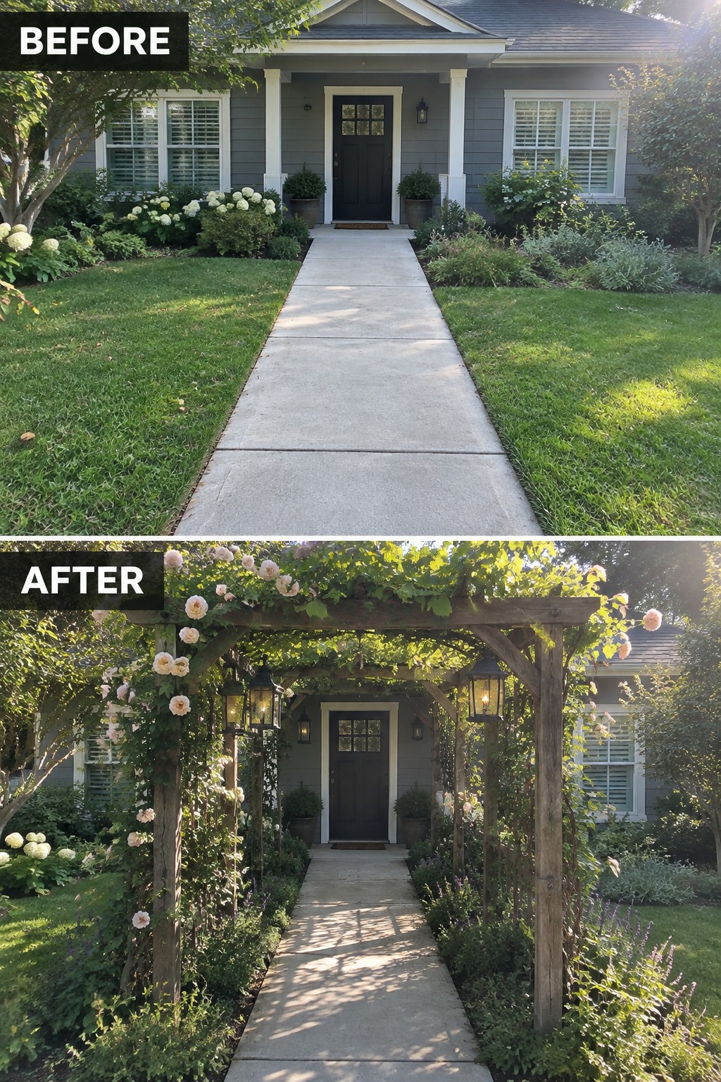 Before and after of gray house walkway with new vine-covered wooden pergola and lanterns