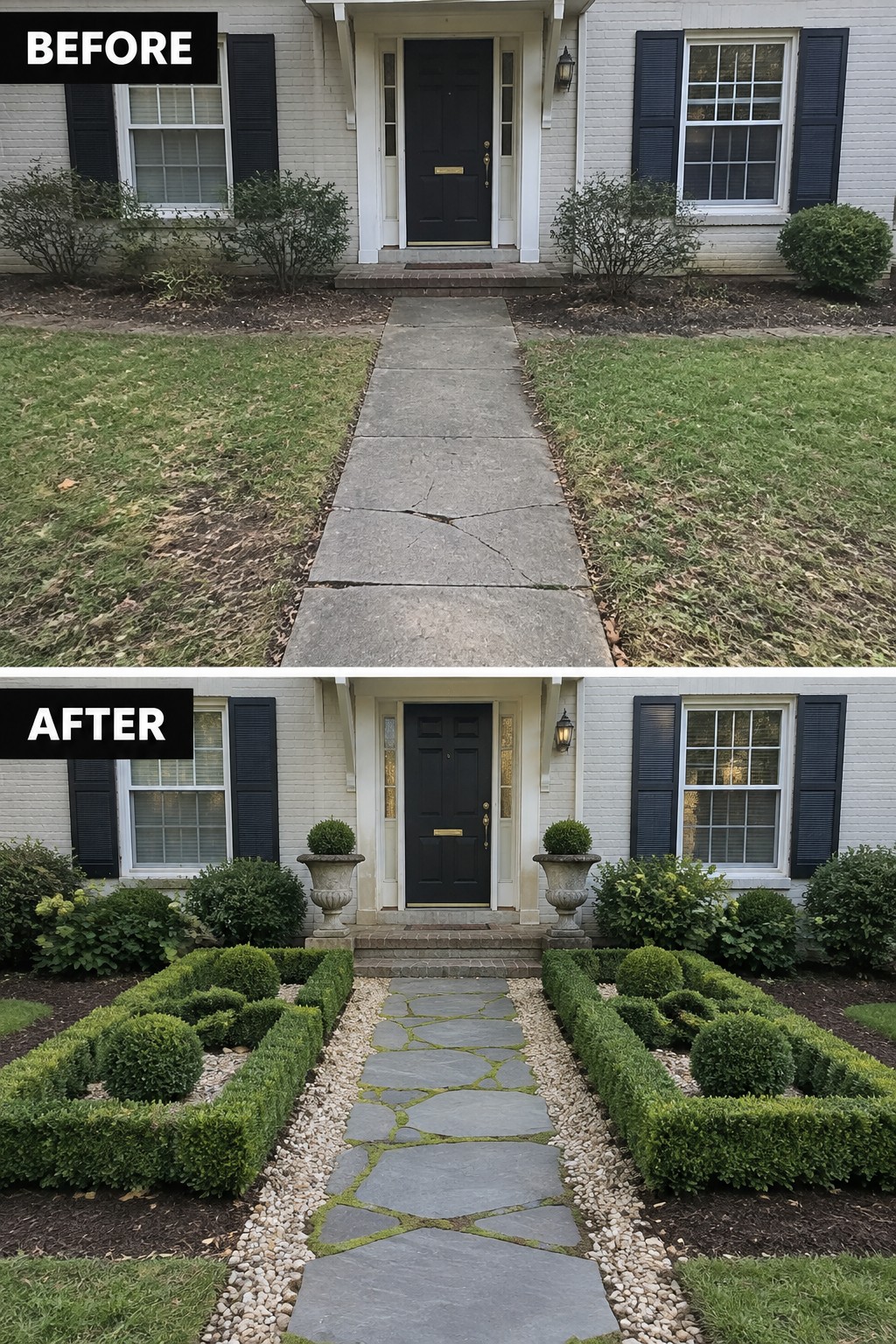 Before and after of cracked concrete walkway transformed into stone path with formal hedges.