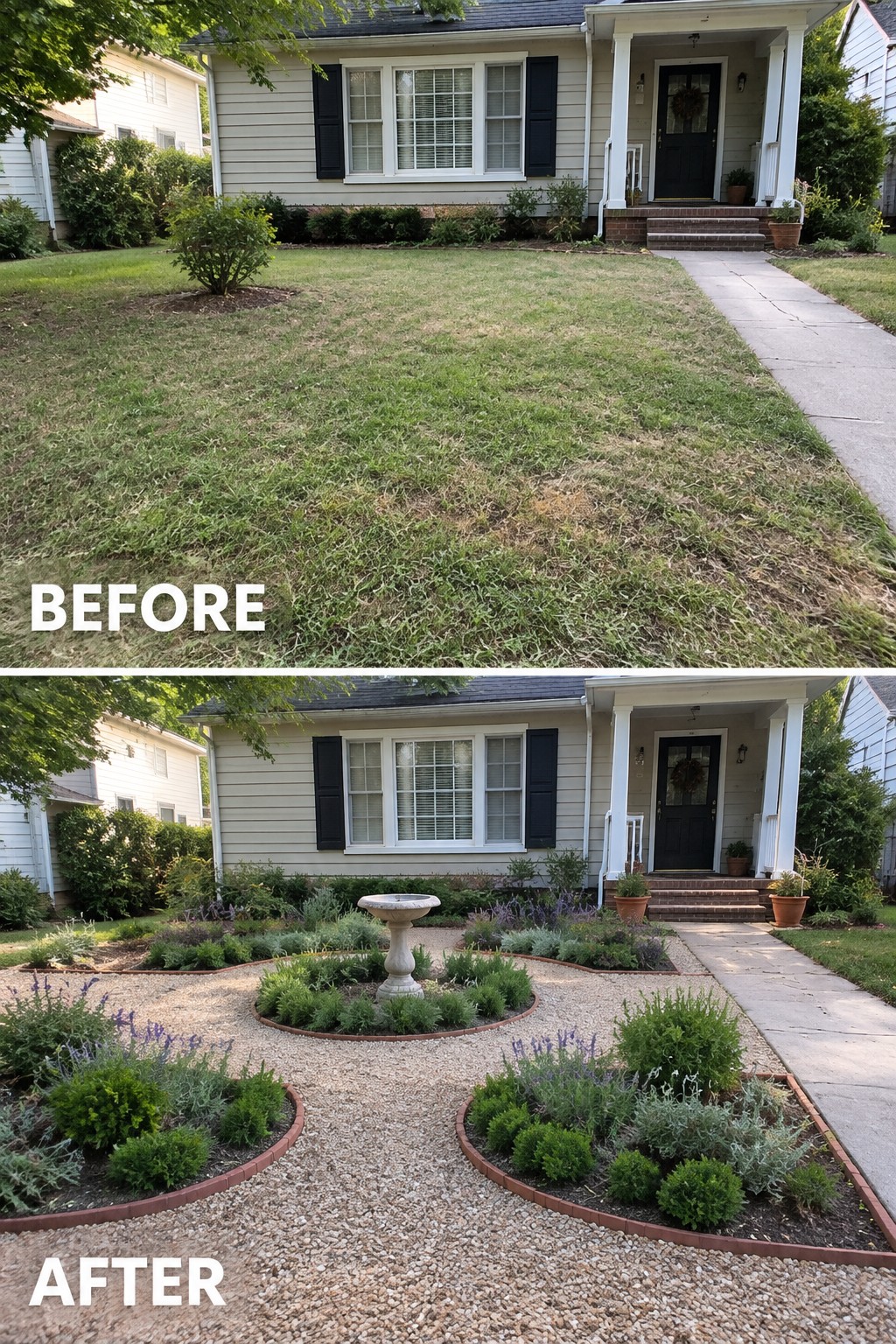 Before-and-after image of a front yard changed from an open patchy lawn to a structured landscape with gravel, curved garden beds, and a central birdbath.