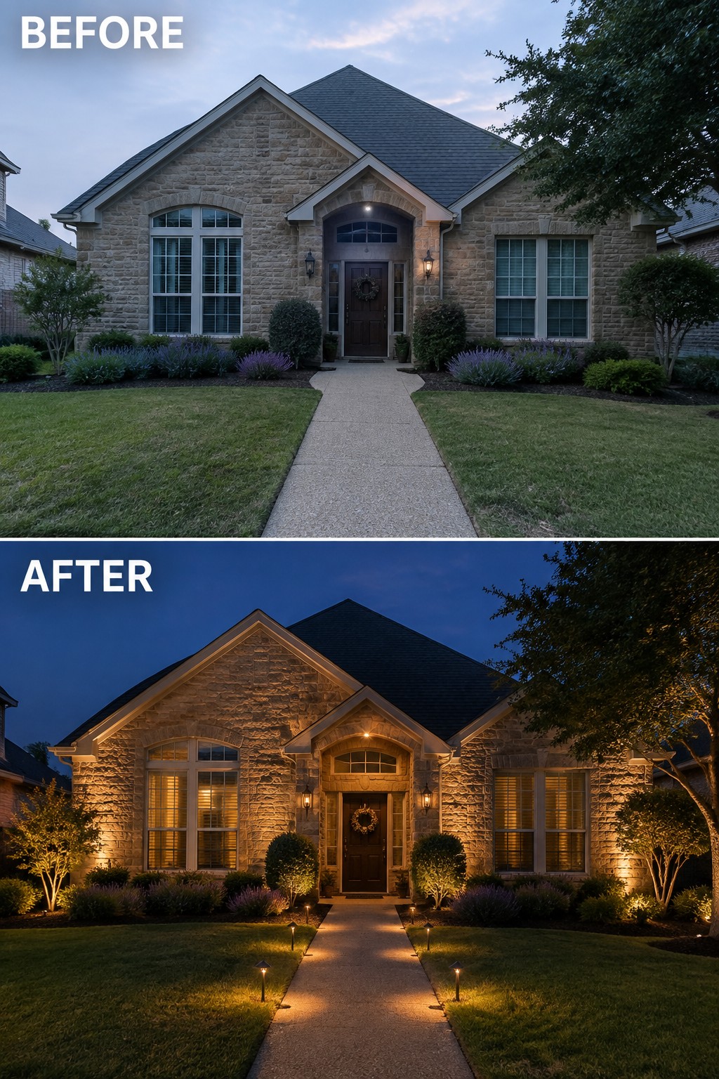 Before and after of stone house with added glowing pathway lights at dusk