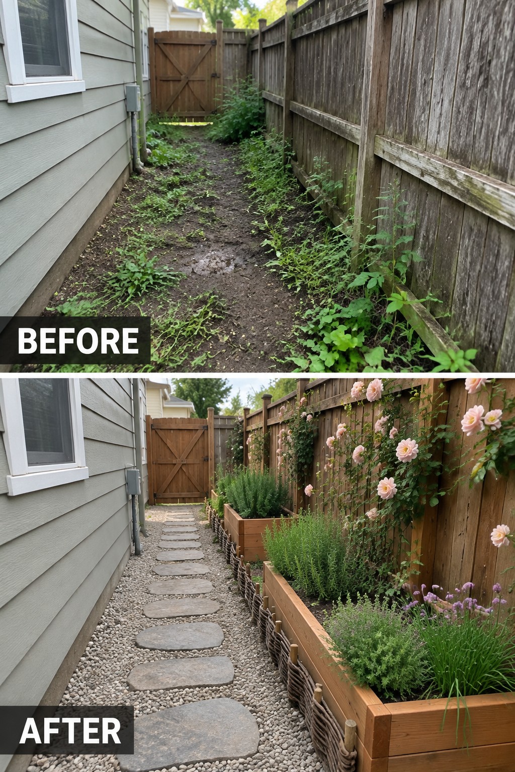 Before-and-after backyard path: overgrown weeds transformed into stone walkway with flower planters.