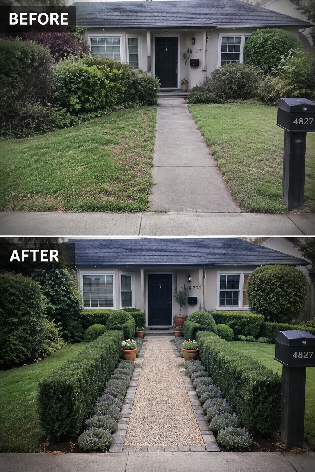Before-and-after image of an overgrown front yard changed into a structured landscape with trimmed hedges, lavender borders, and a gravel path.