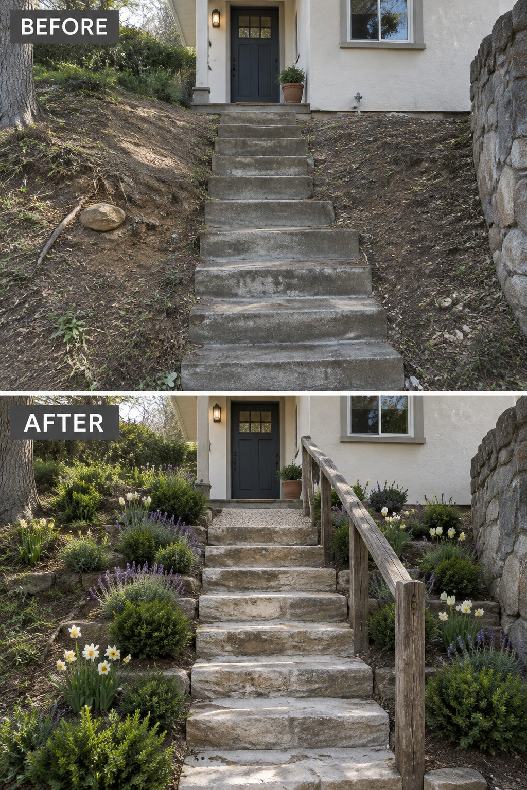 Before and after of bare concrete stairs upgraded to stone with garden landscaping and rail.