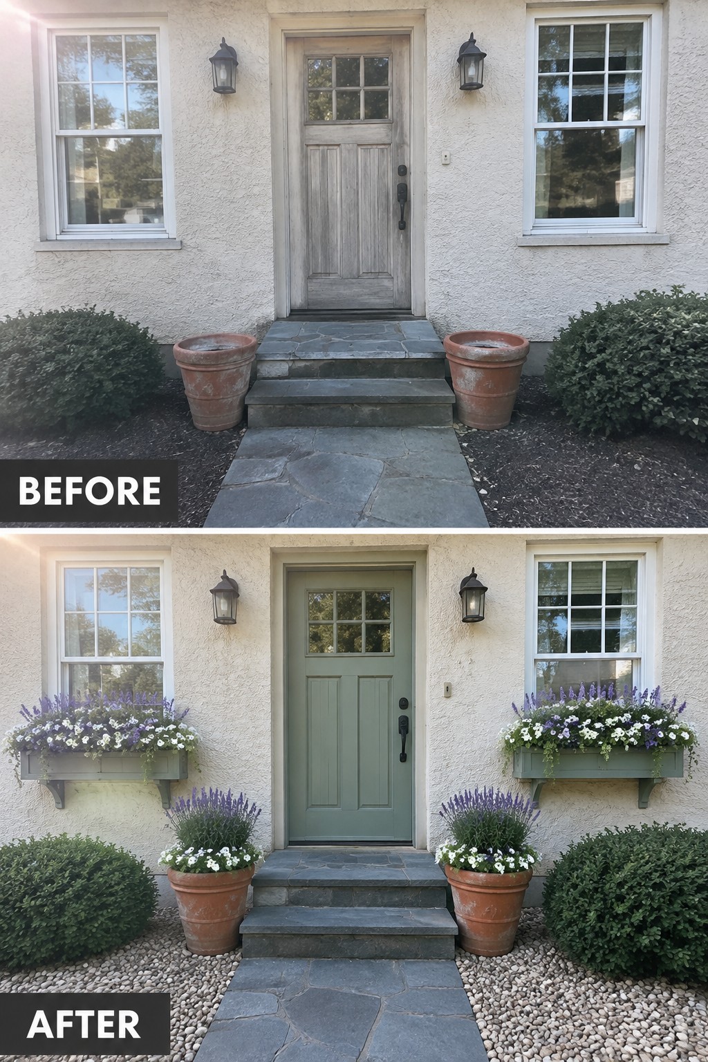 Before and after house entrance with green door, flower boxes, and potted plants