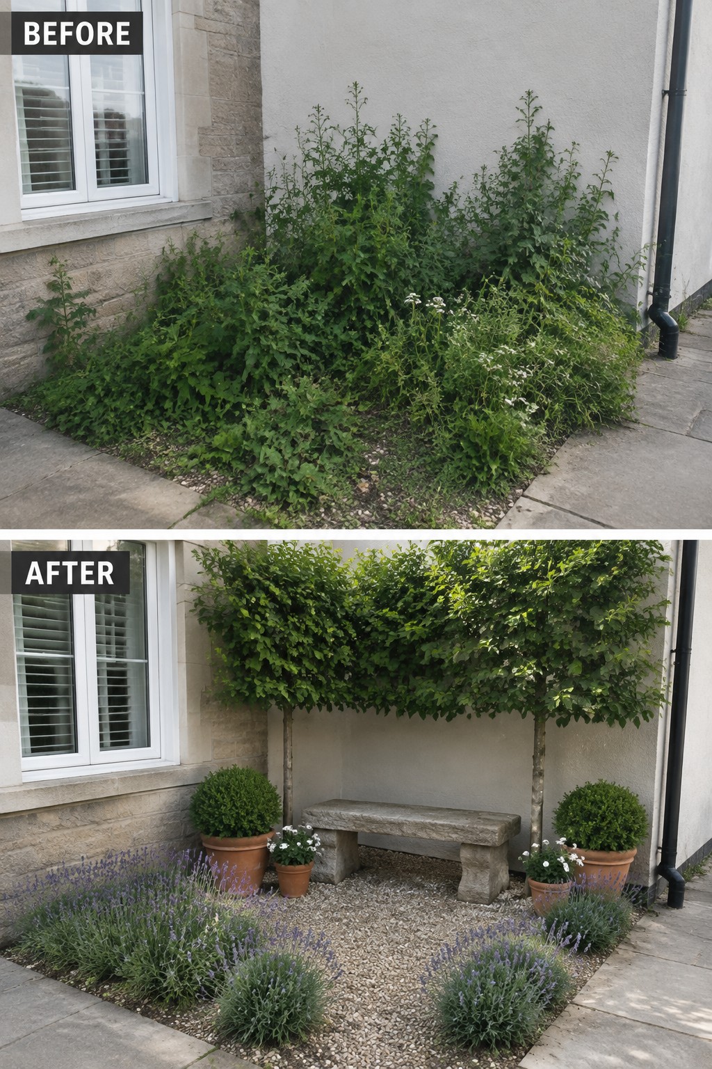 Before-and-after garden: overgrown weeds transformed into neat topiary, bench, and lavender beds.