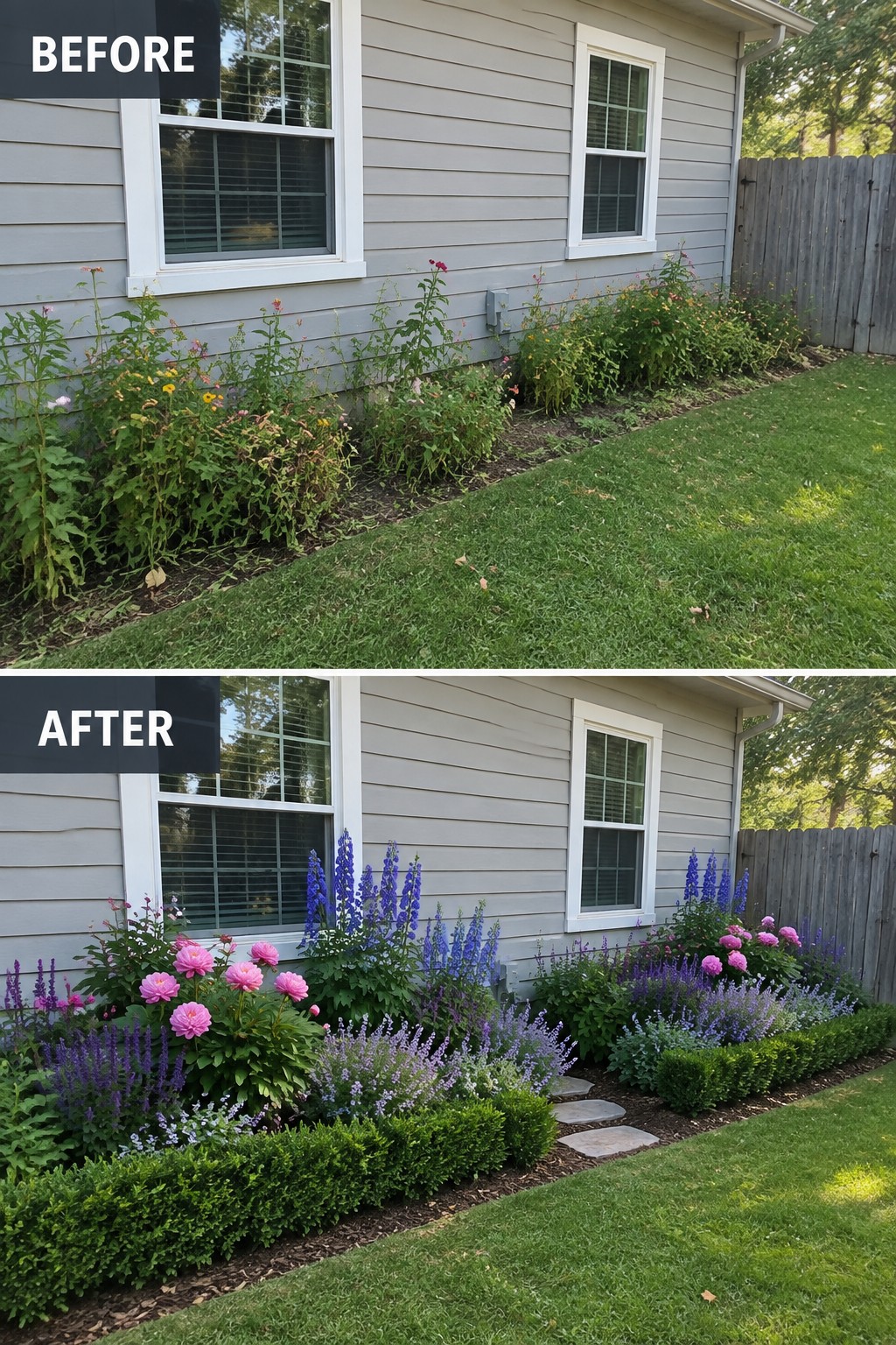 Before-and-after image of an overgrown foundation planting along a house changed into structured garden beds with layered flowers, shrubs, and stepping stones.