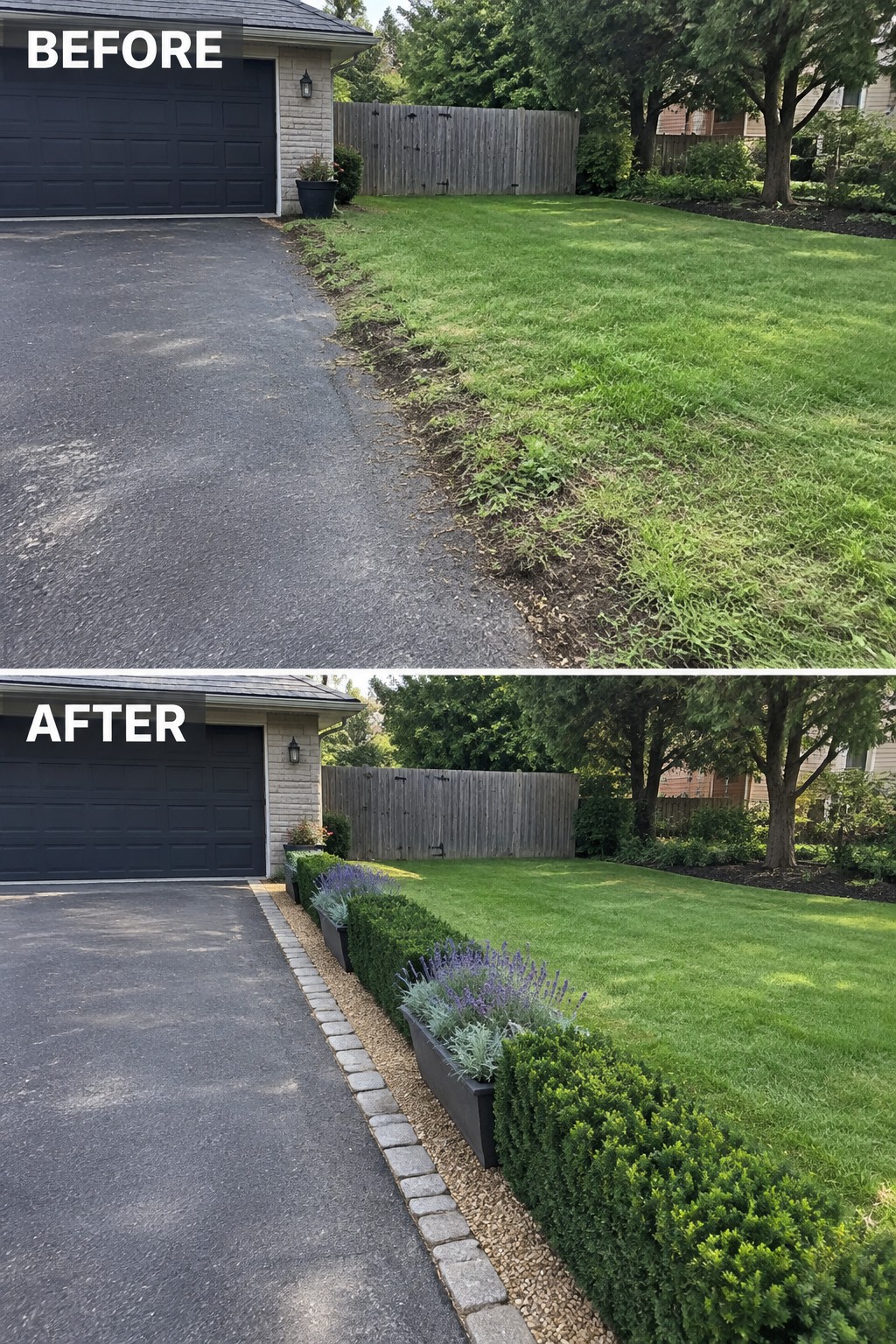 Before-and-after image of a front yard driveway edge changed from overgrown grass to a clean gravel border with boxwood hedges and lavender planters.