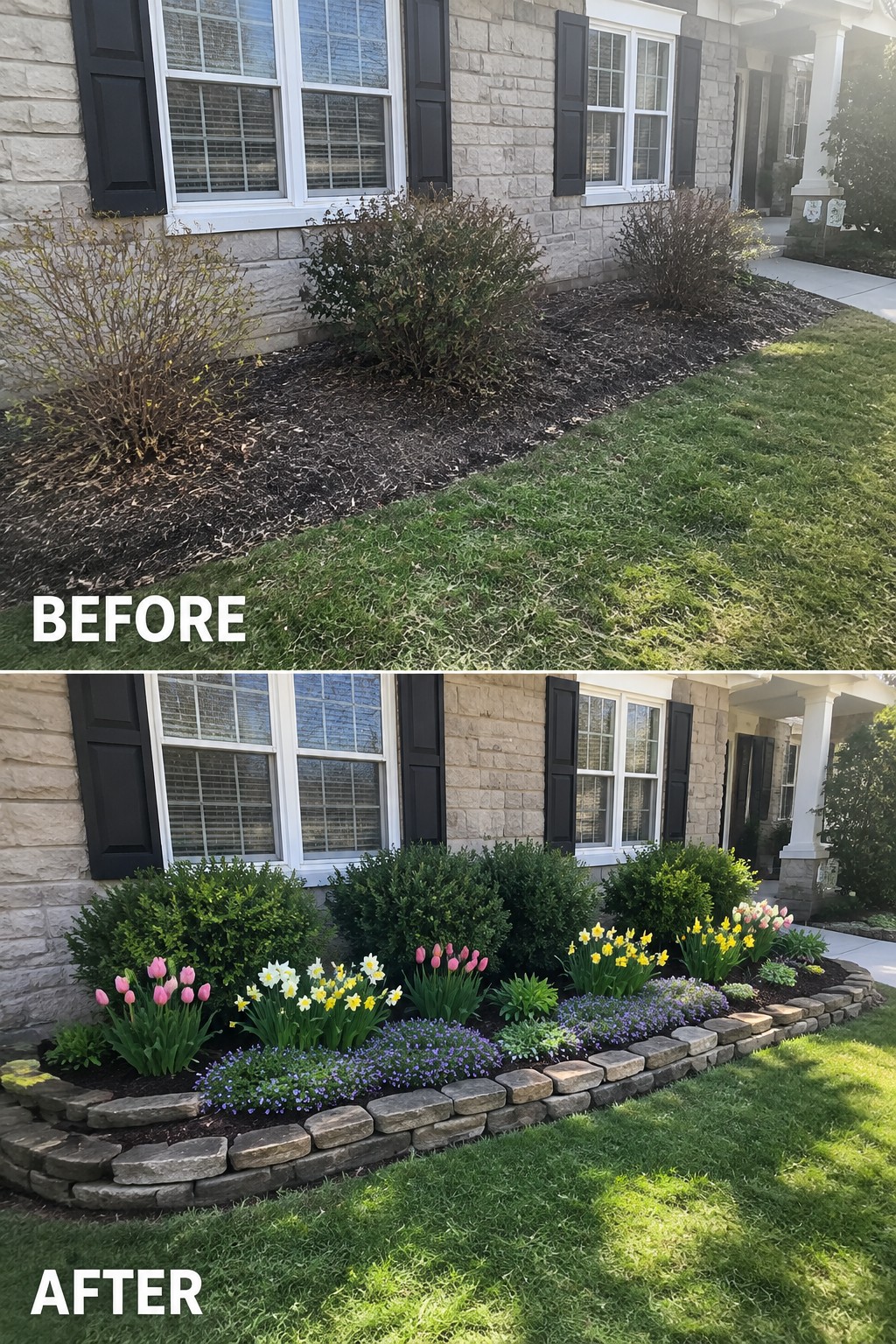 Before and after of house garden bed with added flowers and stone border
