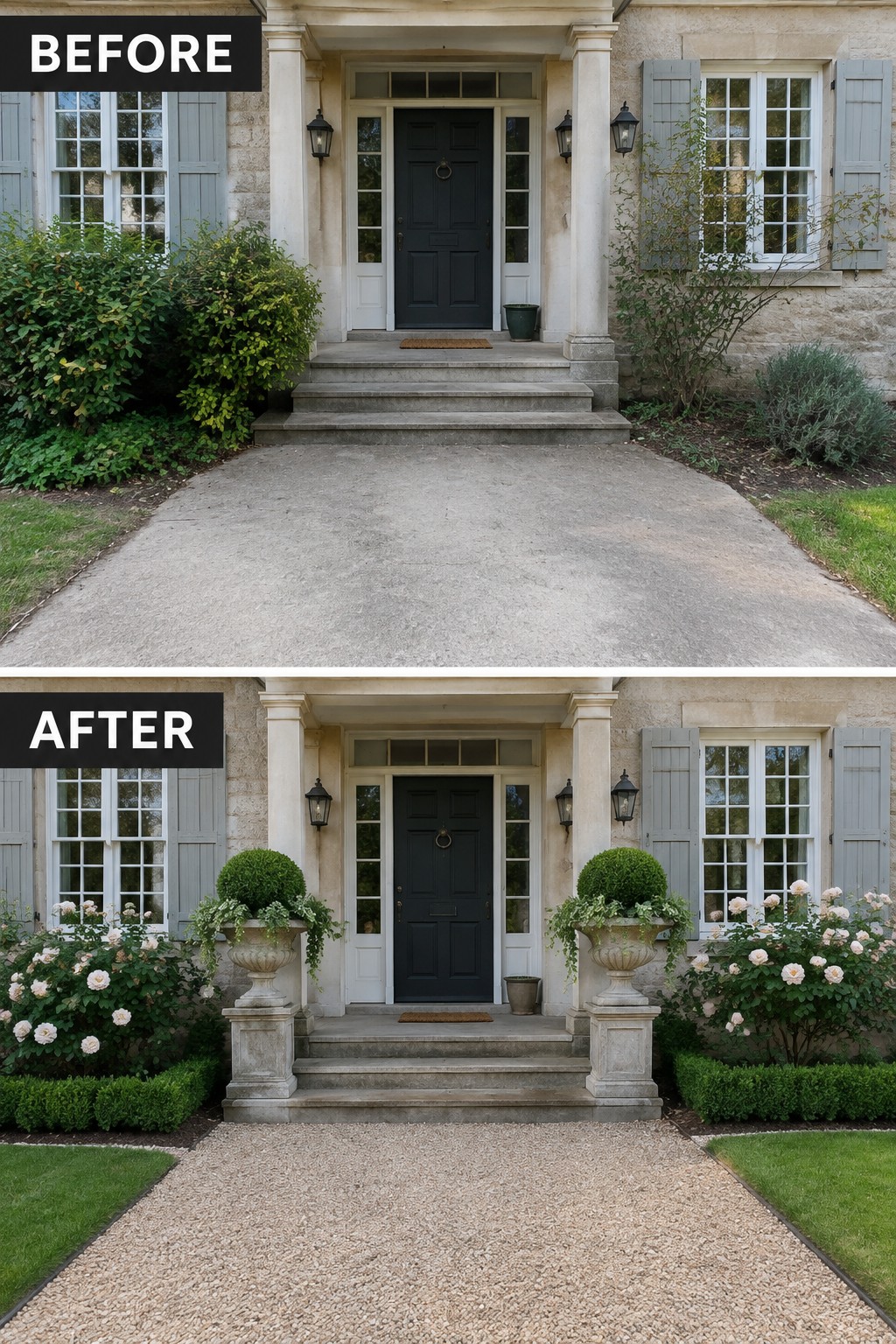 Before and after of stone house entrance with new gravel path and rose garden.