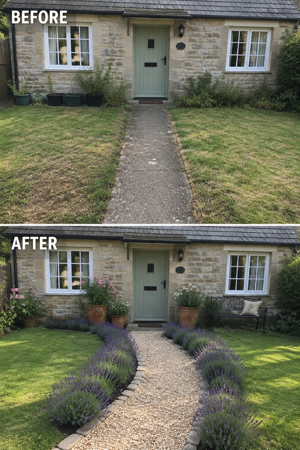 Before and after of stone cottage with new gravel path and lavender garden borders