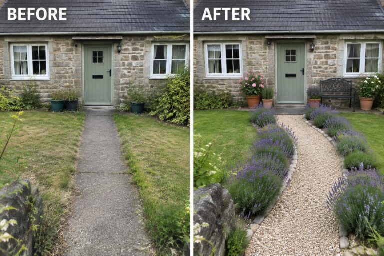 19 Charming French Country Landscaping Ideas for Front Yards Before and after of stone cottage with new gravel path and lavender garden borders