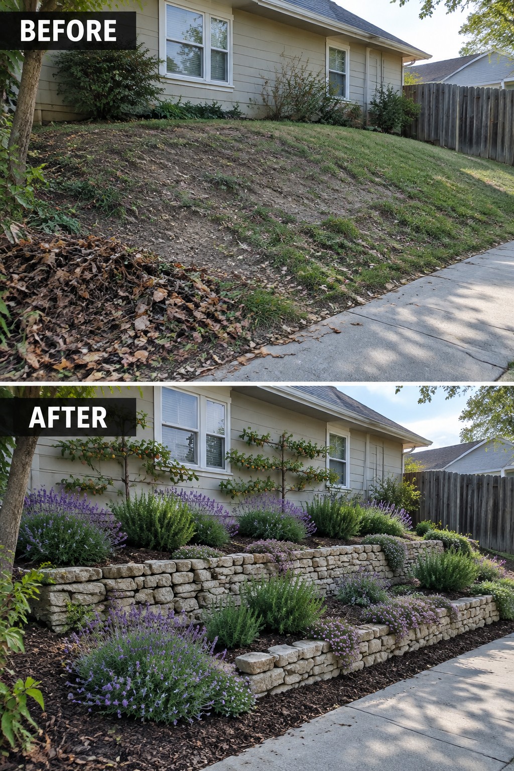 Before and after of sloped yard transformed with stone retaining walls and purple flowers