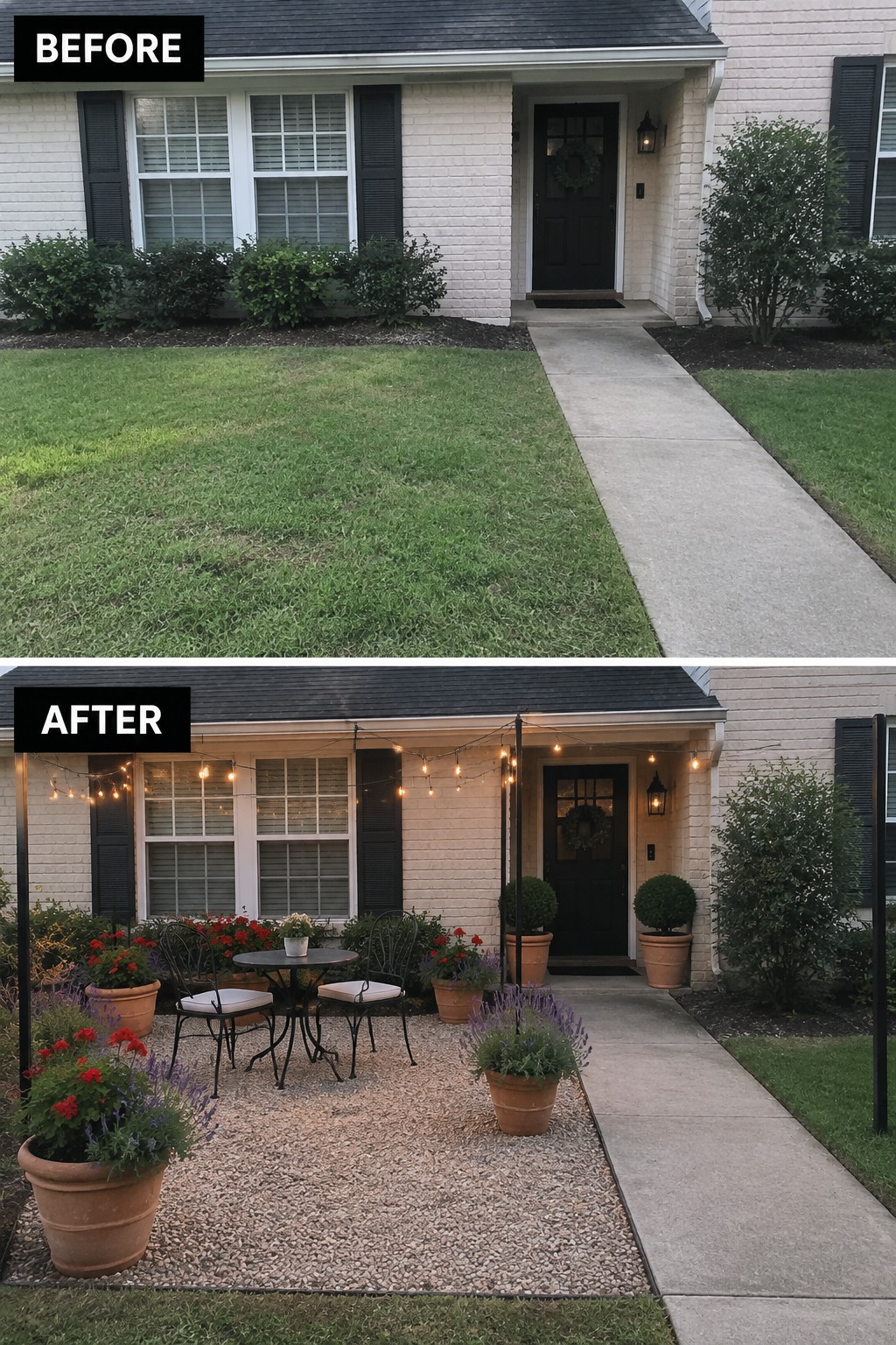 Before-and-after house entrance with gravel patio, potted flowers, chairs, and string lights.
