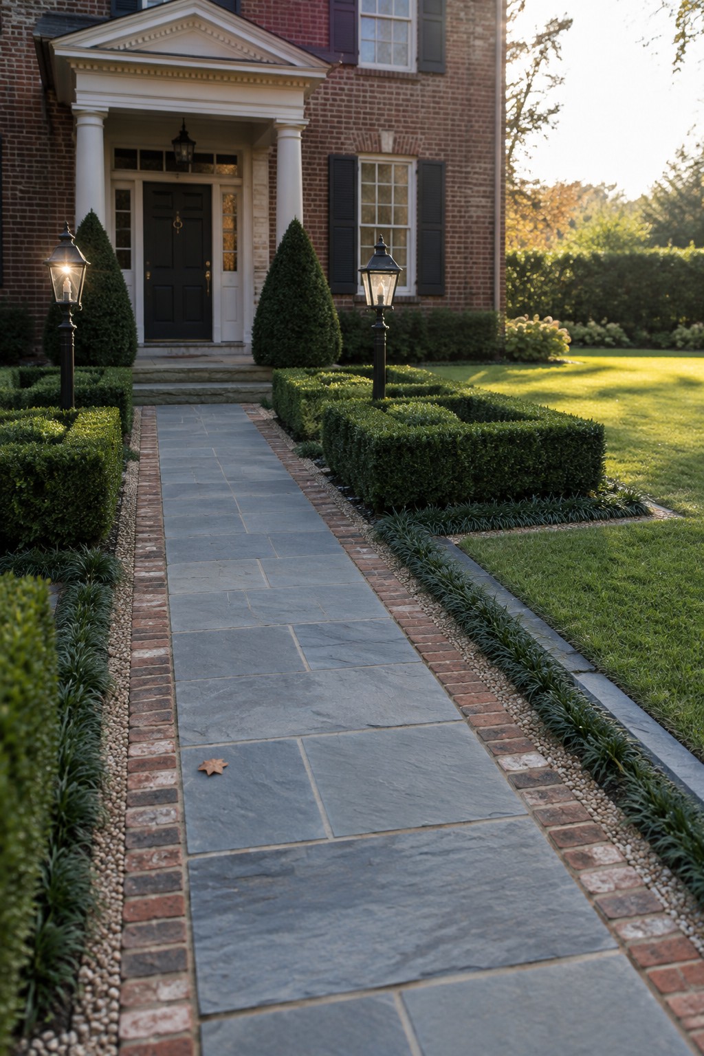 Lit lanterns flank stone path bordered by hedges to brick house entrance.