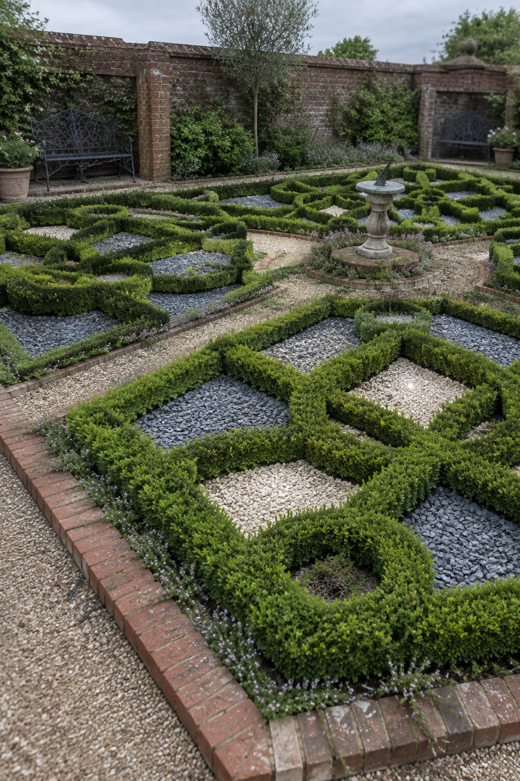 A formal garden featuring intricate patterns of low clipped green hedges with gravel and stone infill, a central stone sundial, and brick borders with benches along the walls.