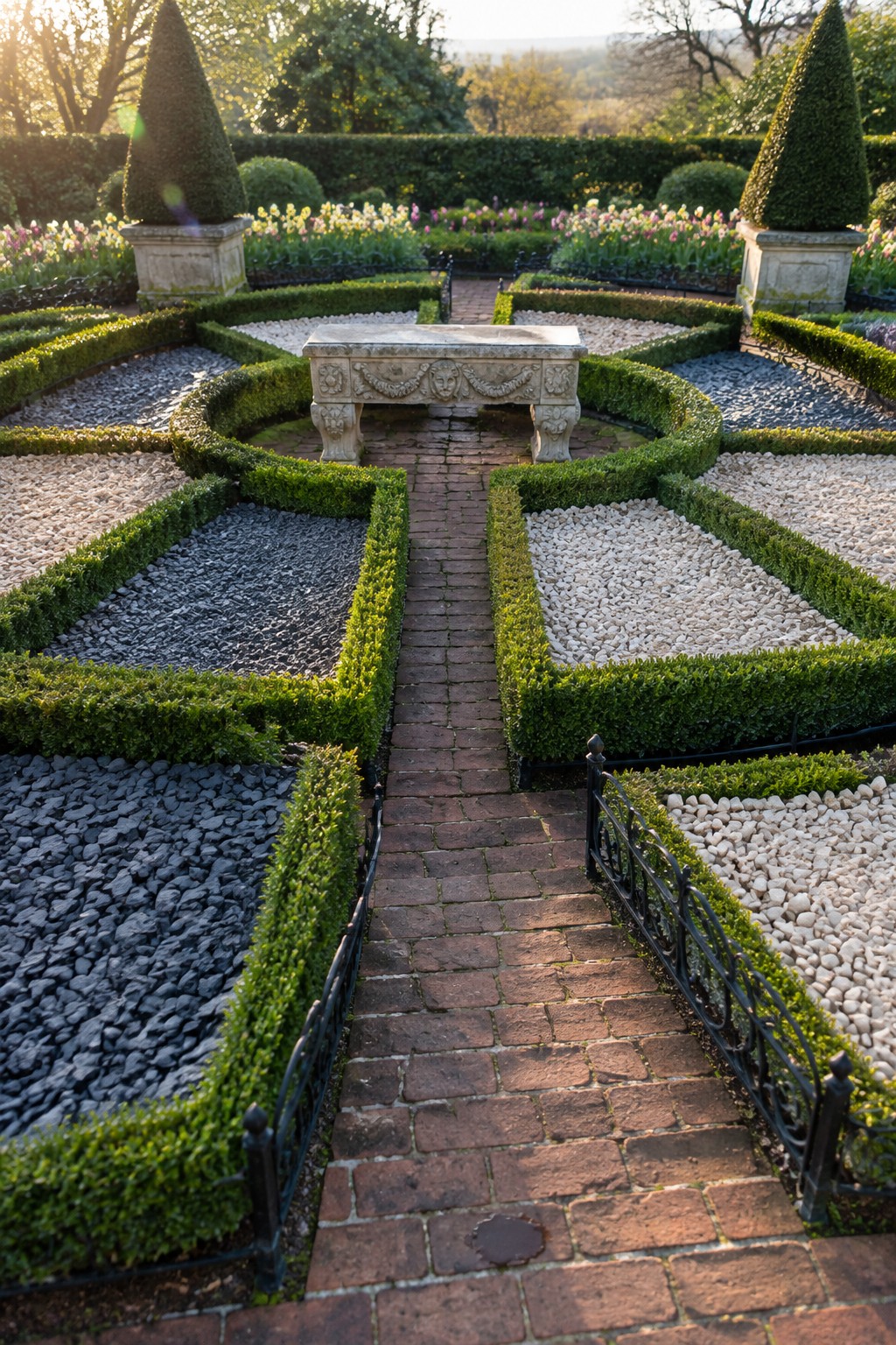 A formal garden view shows geometric beds bordered by low green hedges, with gravel and pebble fills, a central brick path, and a carved stone bench at the center.