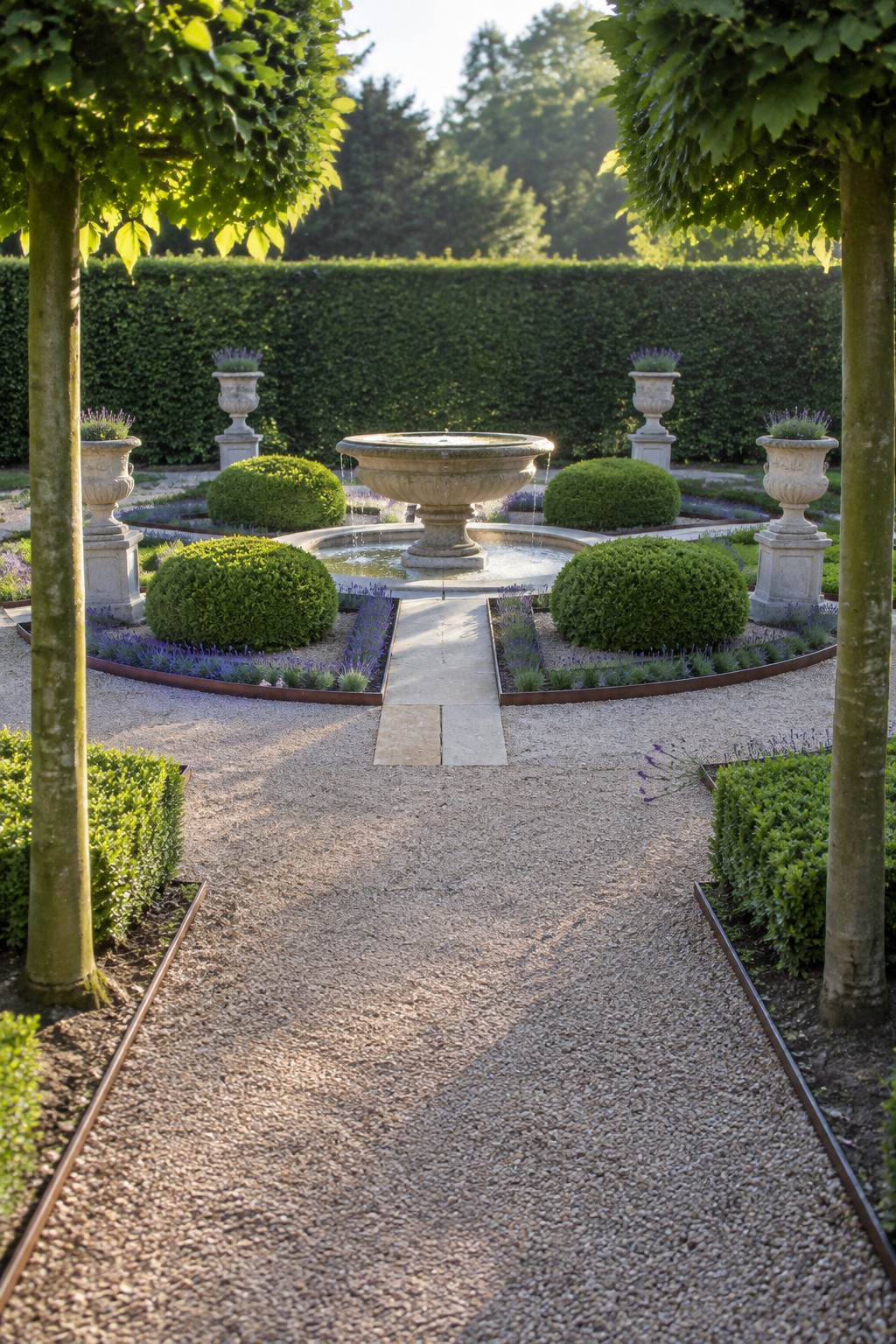 A formal garden view showing a central stone fountain, gravel paths with stone pavers, rounded boxwood hedges, lavender borders, and metal edging around the beds.