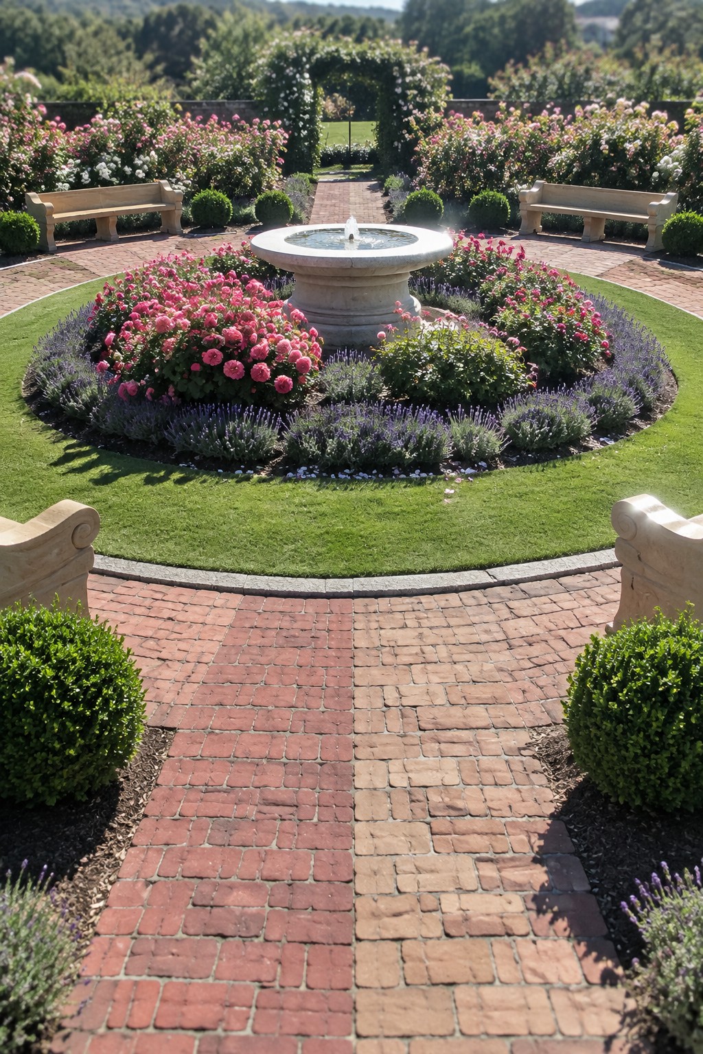 A central stone fountain sits in a circular flower bed with pink blooms and lavender, bordered by neatly edged lawn and brick walkways.