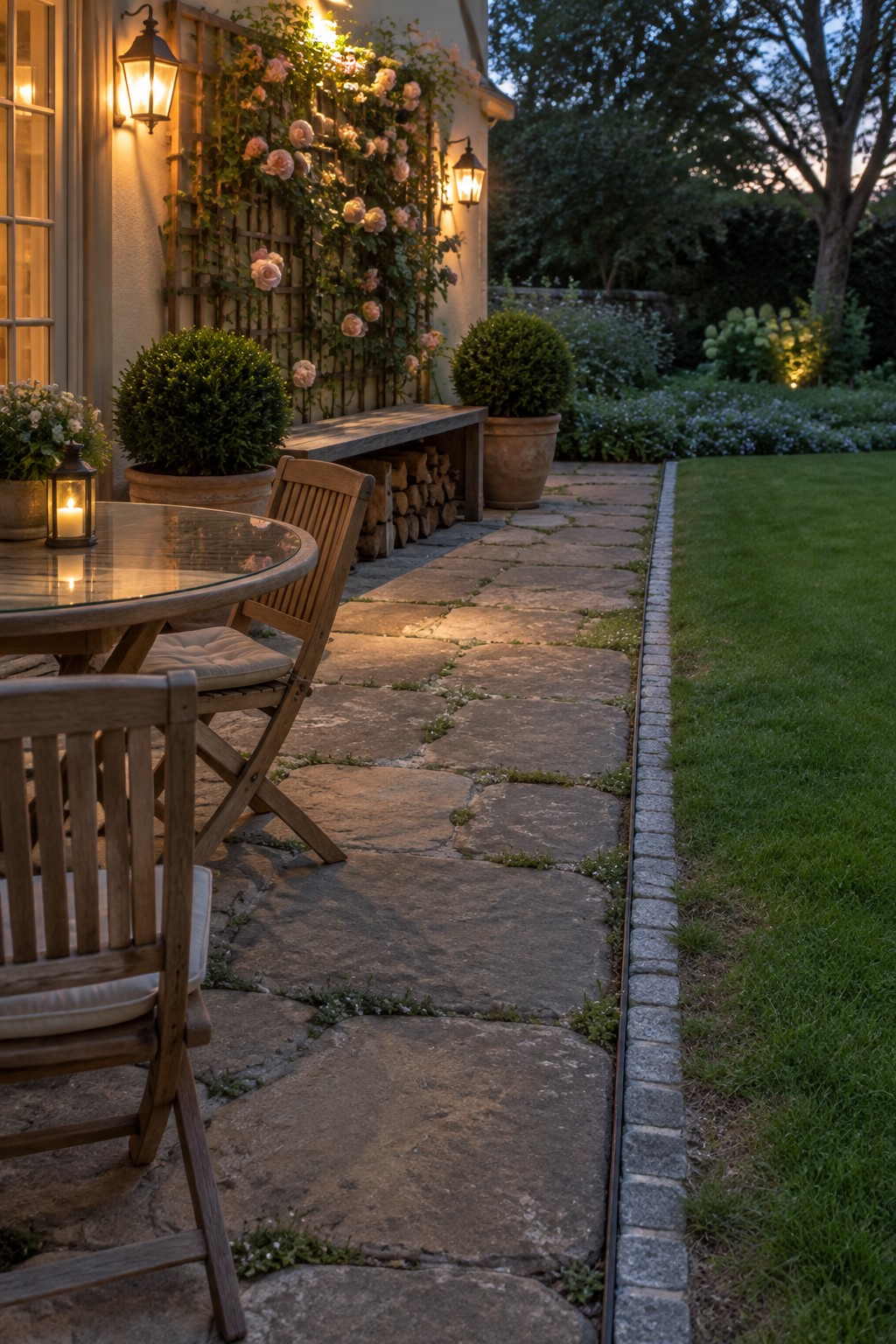 Evening garden patio with stone path, wooden table and chairs, rose trellis, and glowing lanterns.