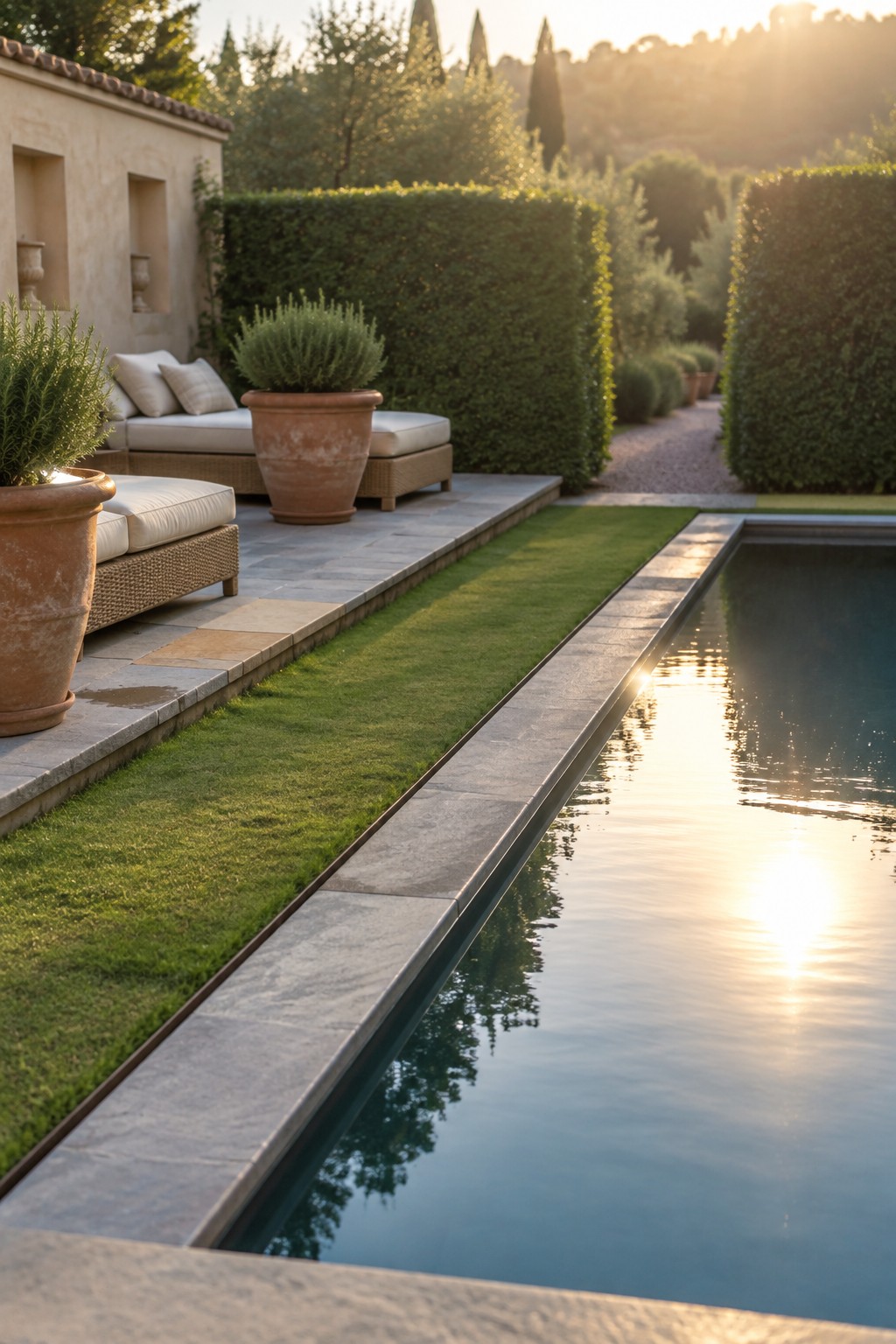 A rectangular pool with still water sits beside a narrow strip of mown grass edged in gray stone, with a stone patio holding wicker lounge chairs and large terracotta pots on the left and tall clipped hedges in the background.