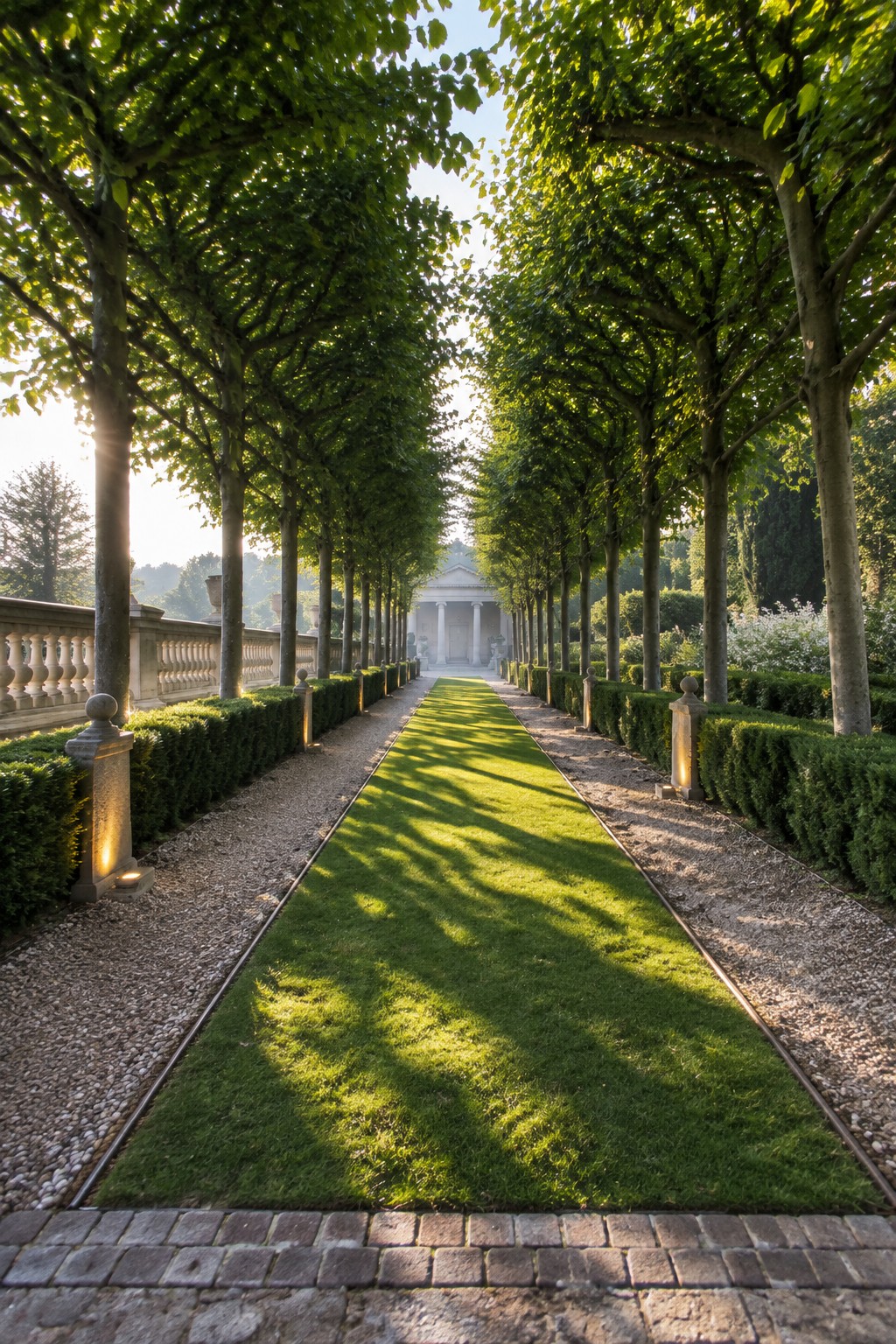 Sunlit tree-lined avenue with central grass path leading to a distant pavilion