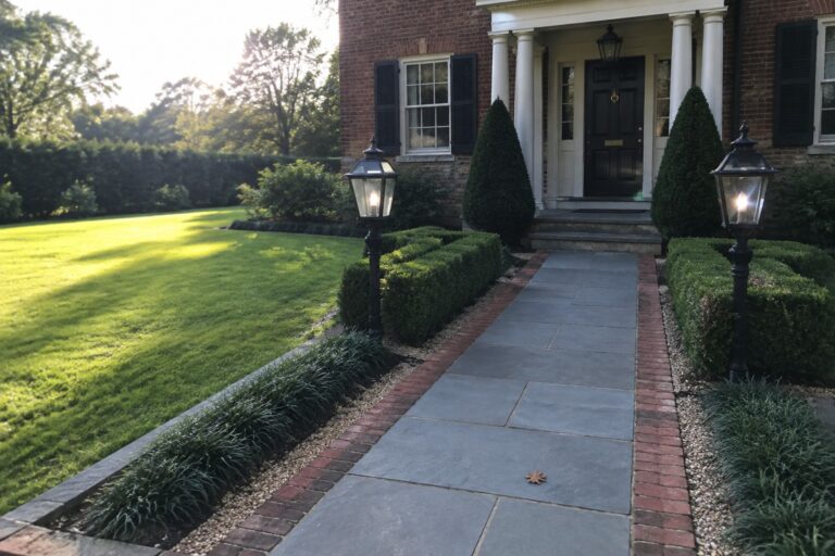 19 Classic Formal Landscaping Ideas With Defined Lawn Edges Lit lanterns flank stone path bordered by hedges to brick house entrance.