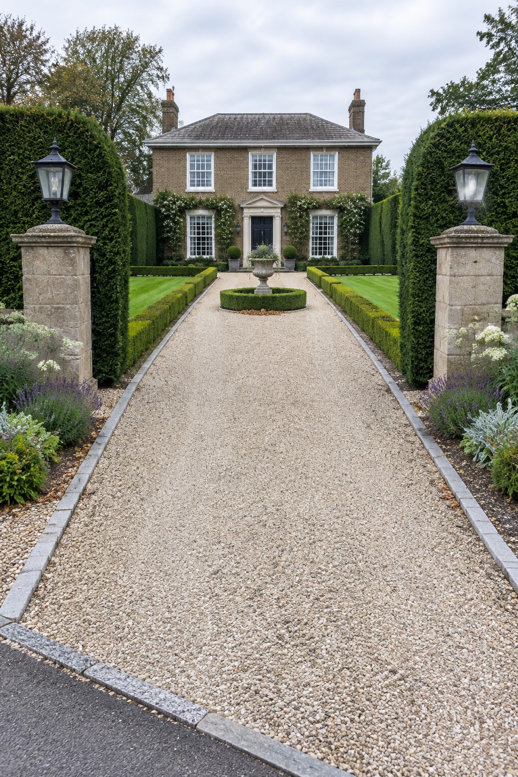 Gravel driveway lined with hedges leads to brick house with central urn