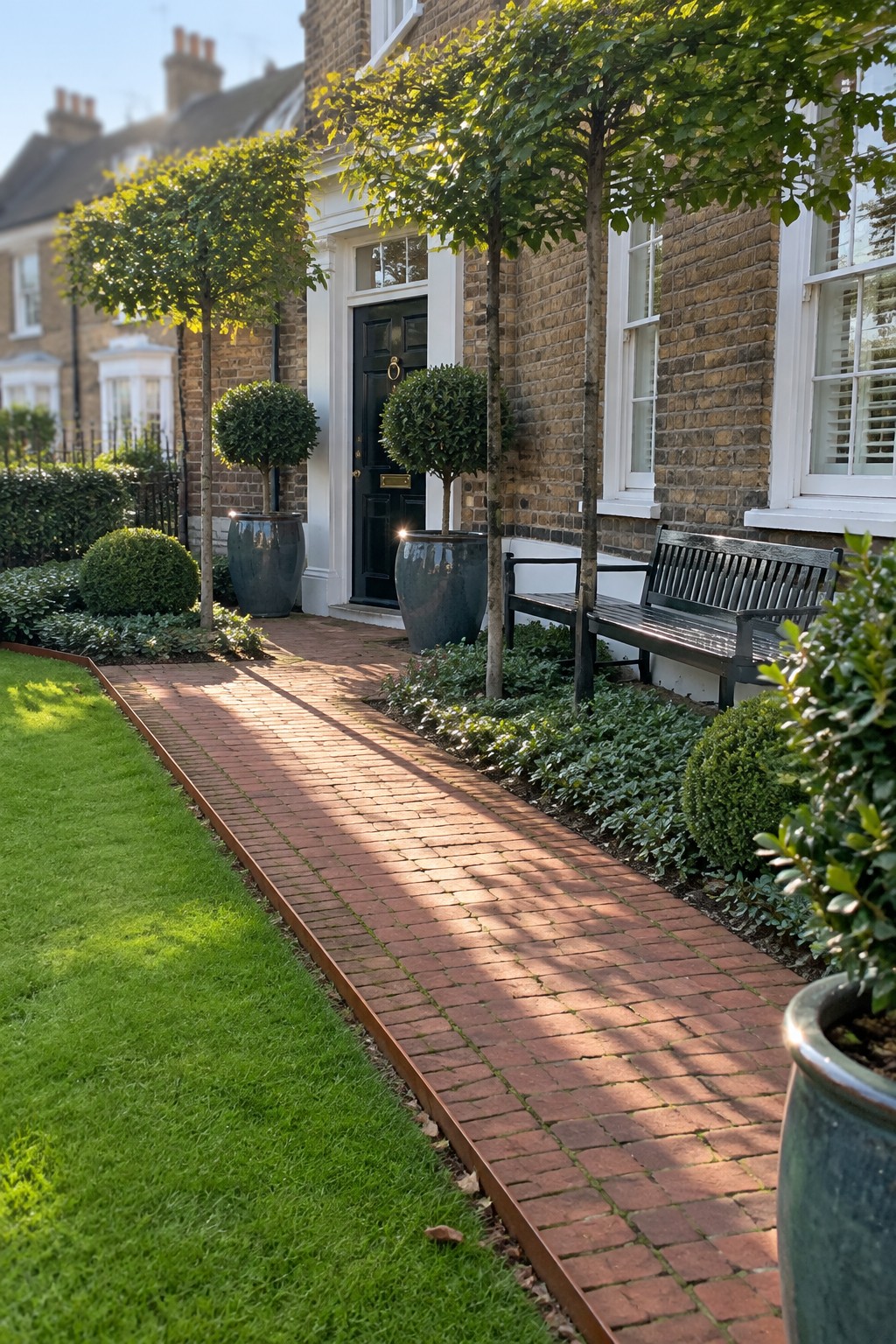 Sunlit brick path beside lawn leads to house door with bench and topiaries