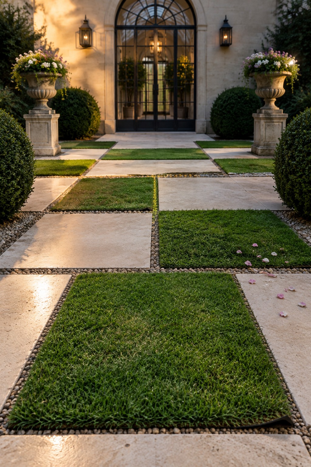 A formal front path made of large stone pavers and square sections of grass bordered by gravel leading to a house entrance with double doors.