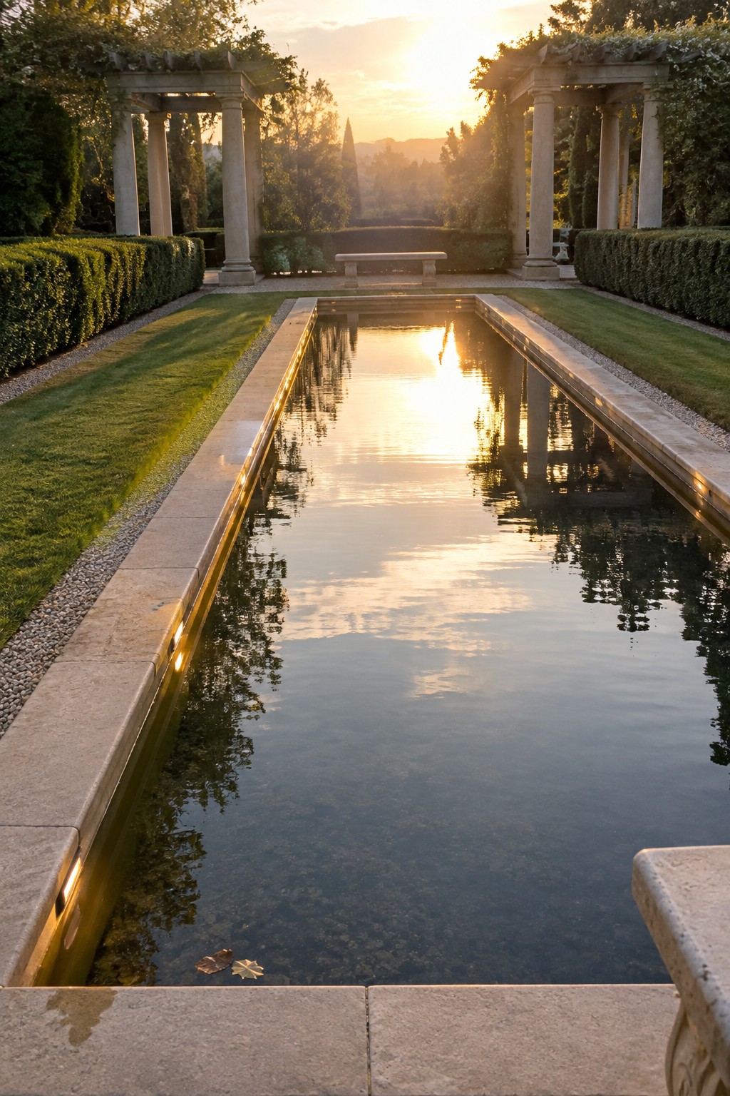 Sunset reflecting pool between stone pergolas, hedges, and distant hills.