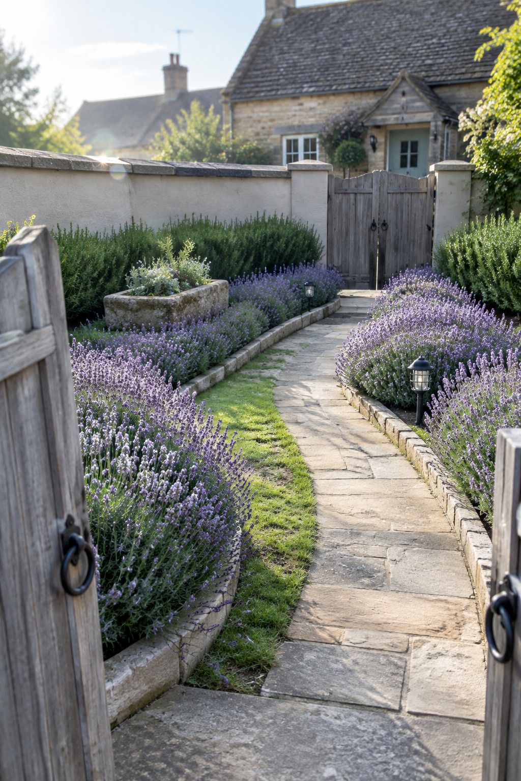 A stone pathway runs between lavender beds edged with low stone borders, leading toward a wooden gate in front of a stone house.