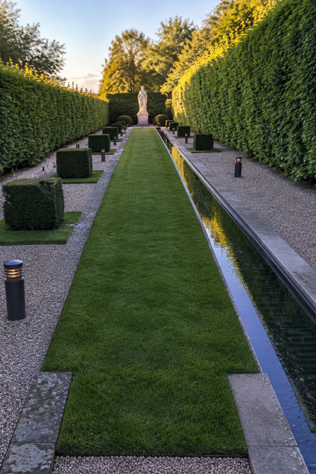 A long central lawn strip runs between a narrow water channel and gravel paths lined with boxwood hedges, leading toward a statue at the far end.