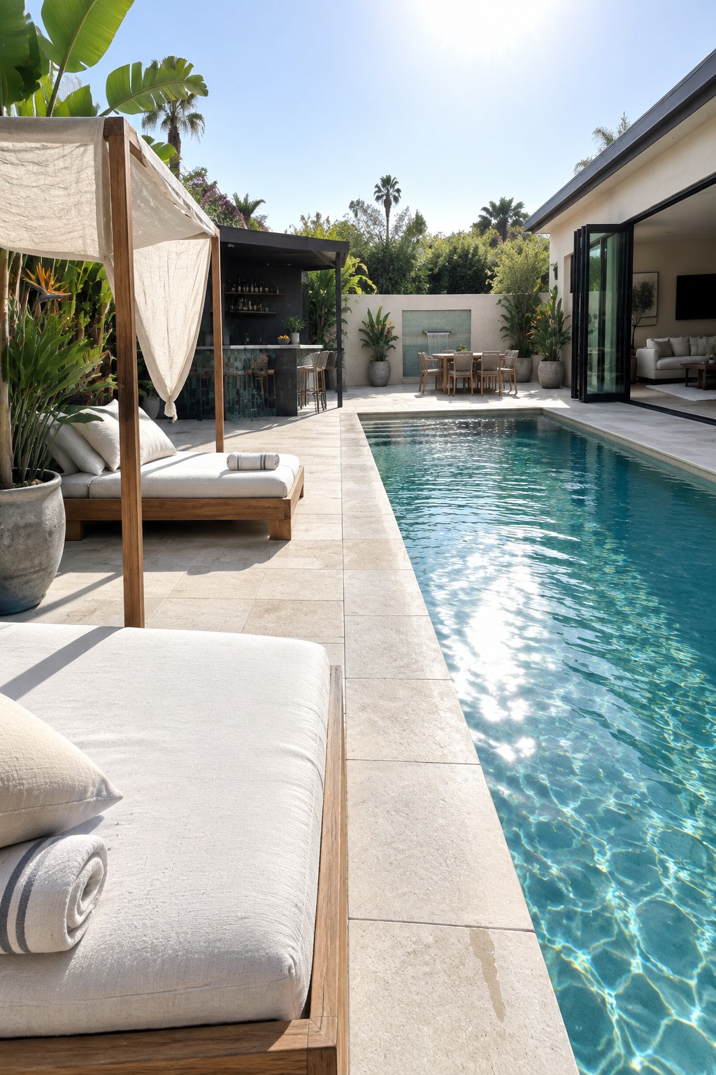 Backyard pool area with wooden daybeds under a white canopy, an outdoor bar, a dining table, and a long rectangular pool on a stone patio.
