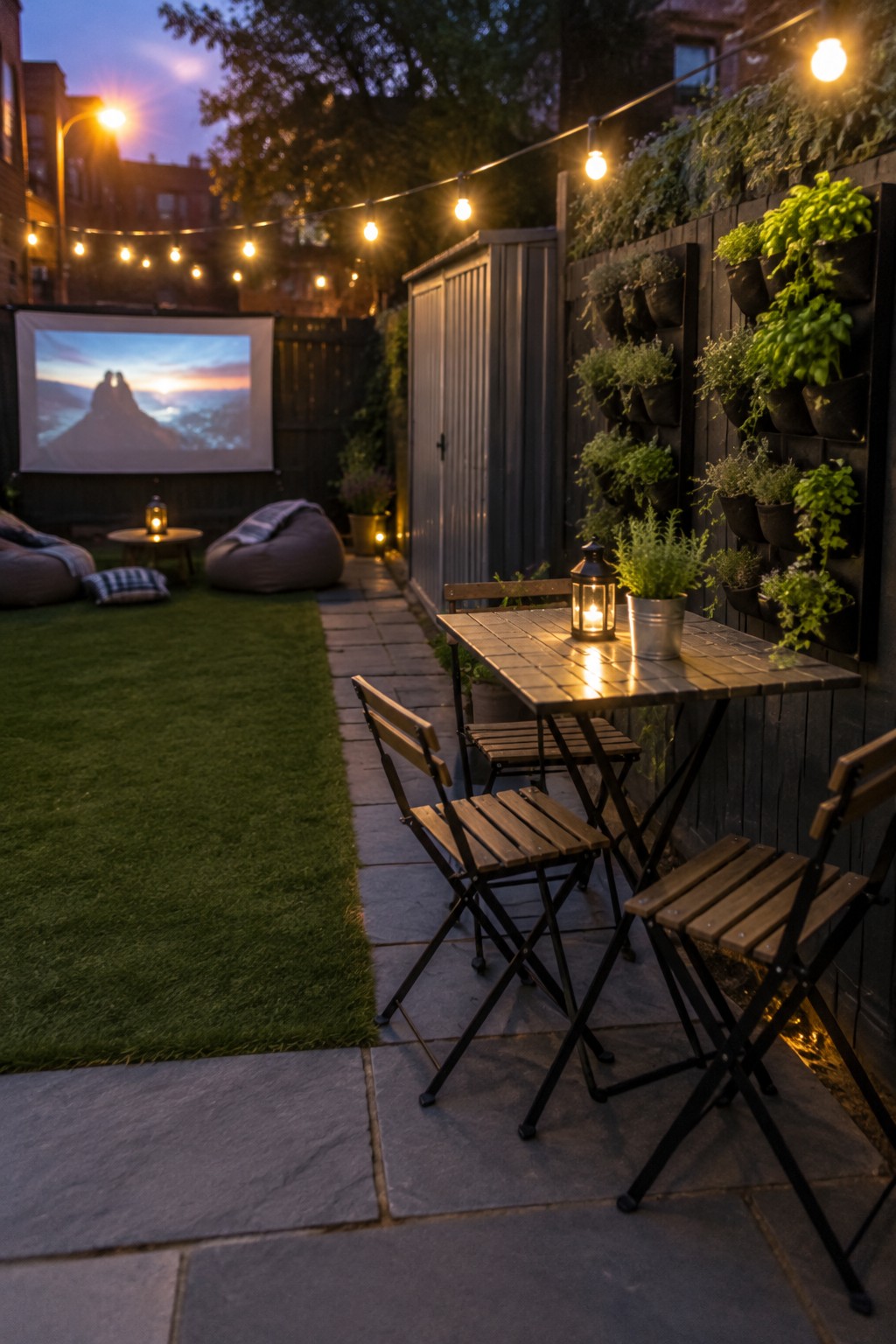 A backyard patio with a wooden table and chairs on stone pavers next to a grassy lawn, a projector screen visible in the background, and string lights overhead.