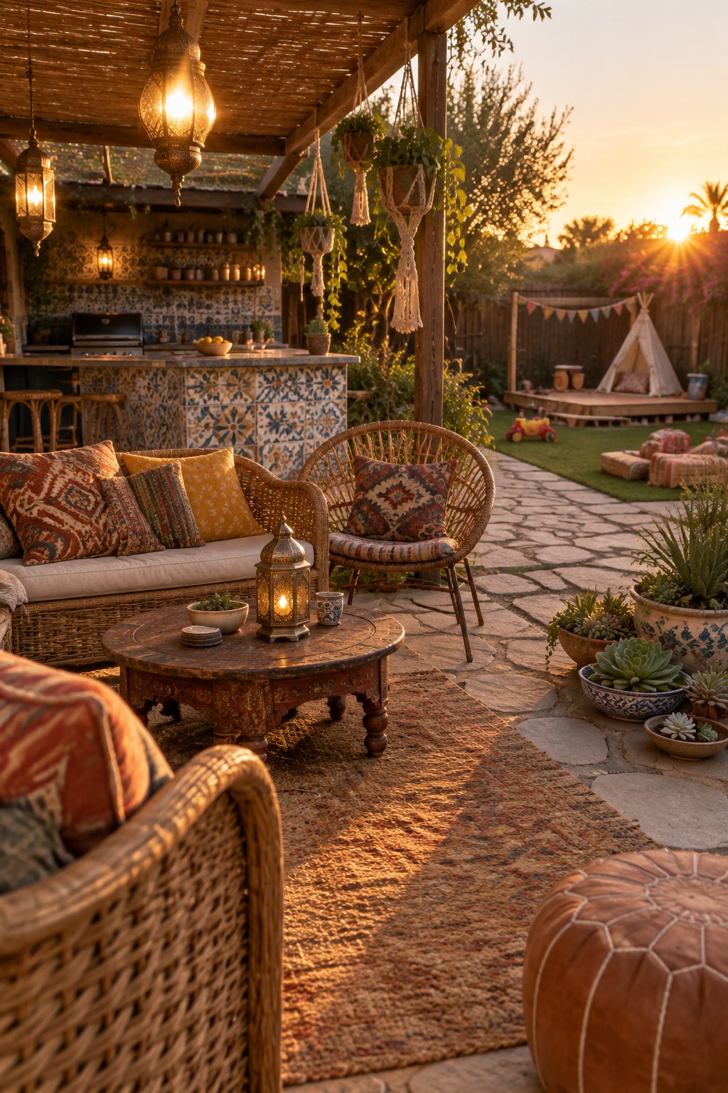 A backyard patio scene with wicker seating on a large patterned rug beneath a pergola, surrounded by lanterns and potted plants, with a stone path leading to a grassy area and play tent in the distance.