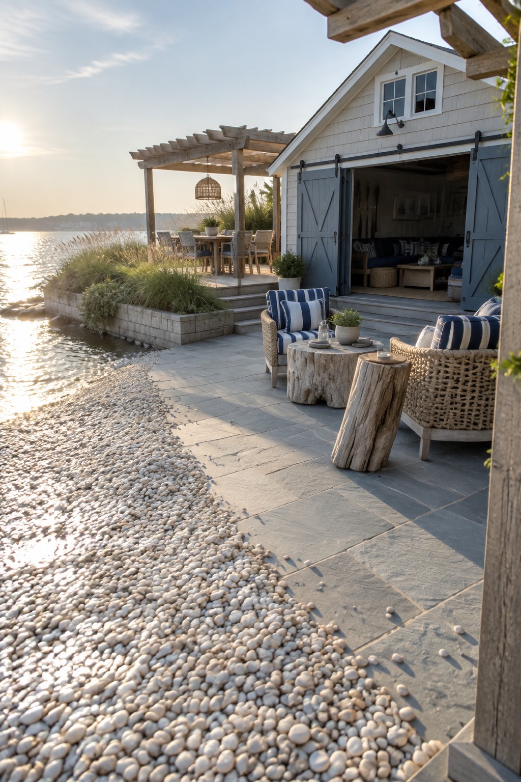 A stone patio with outdoor seating sits beside a pebble shoreline next to a white house with open barn doors and a wooden pergola.