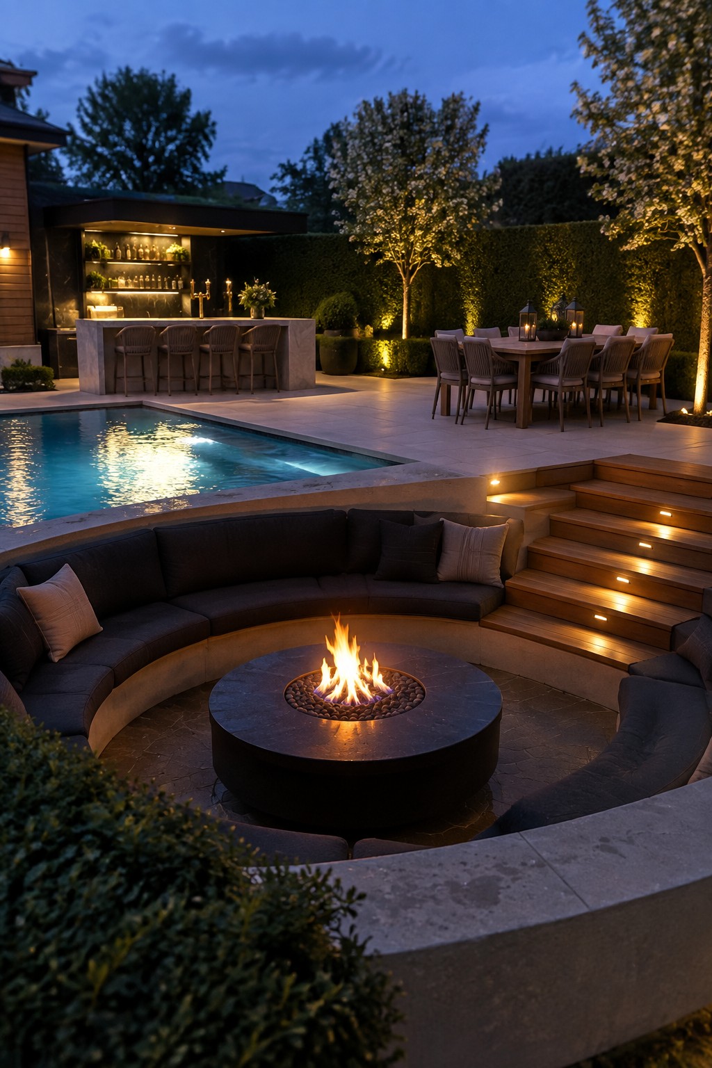 A backyard at dusk with a circular fire pit surrounded by curved built-in seating, an outdoor bar next to a pool, and a dining table set near a hedge.