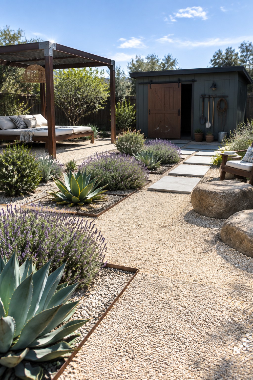 A backyard with gravel ground cover, concrete stepping stones forming paths, metal-edged plant beds with agave and lavender, a wooden pergola holding a cushioned daybed, and a gray shed in the background.