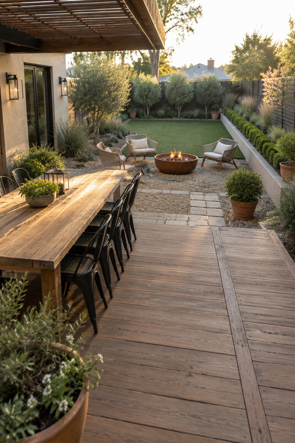 A backyard with a wooden deck holding a long dining table and black chairs, a gravel area with a round fire pit and wicker seating, and a lawn visible beyond the zones.
