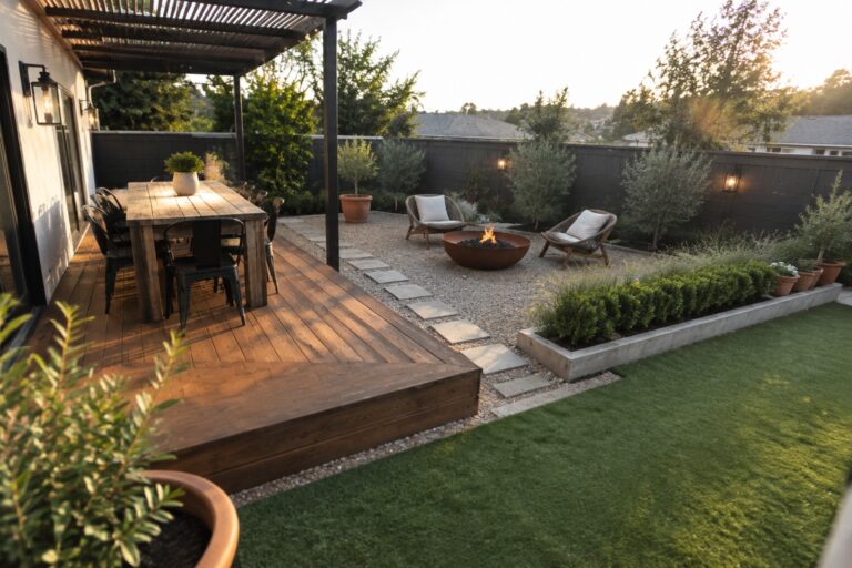 18 Clever Backyard Layout Ideas With Defined Outdoor Zones A backyard with a wooden deck holding a long dining table and black chairs, a gravel area with a round fire pit and wicker seating, and a lawn visible beyond the zones.