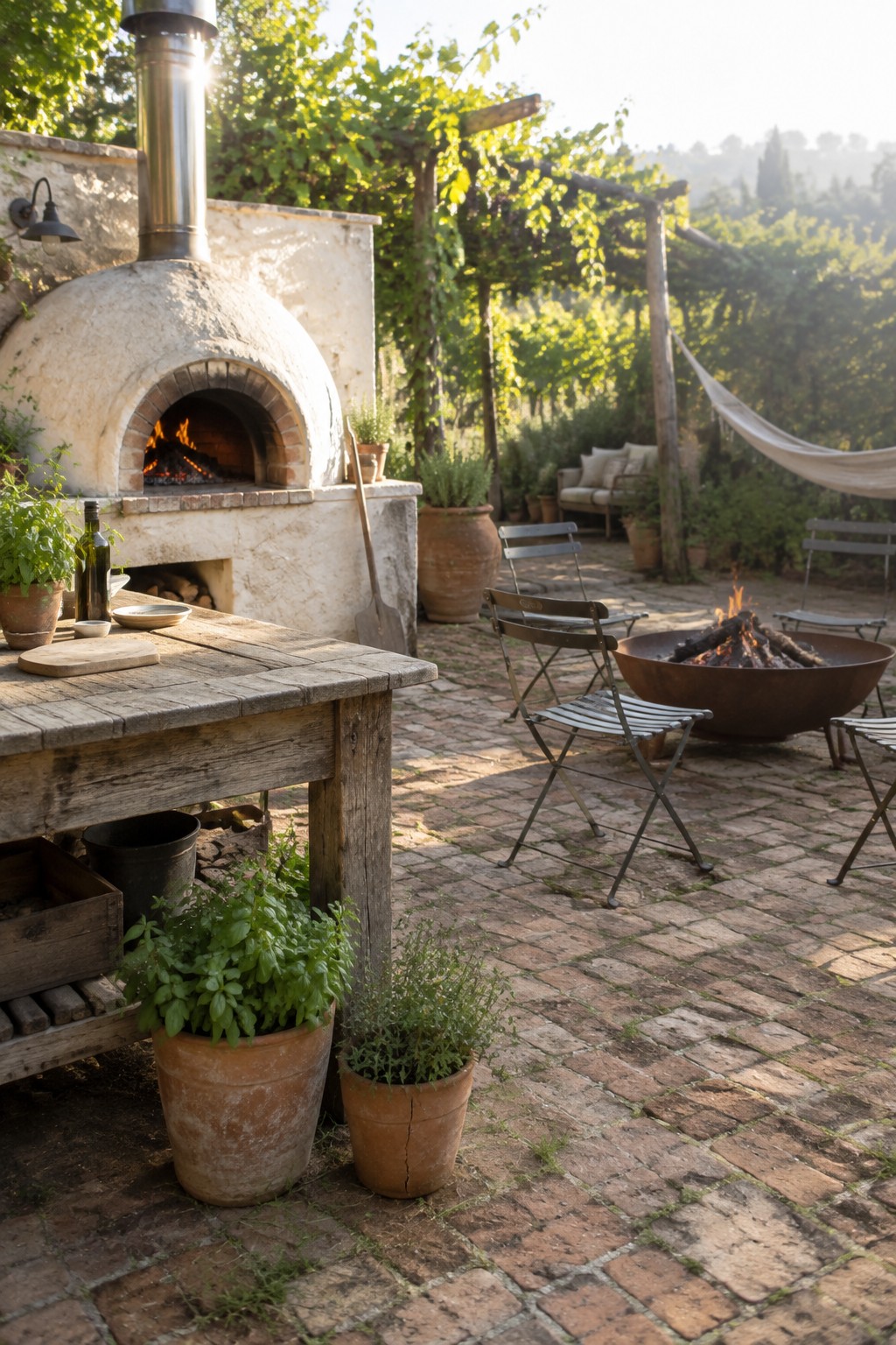 A backyard patio with a stone pizza oven on the left, a wooden dining table with potted herbs, and a metal fire pit with folding chairs on a brick surface.