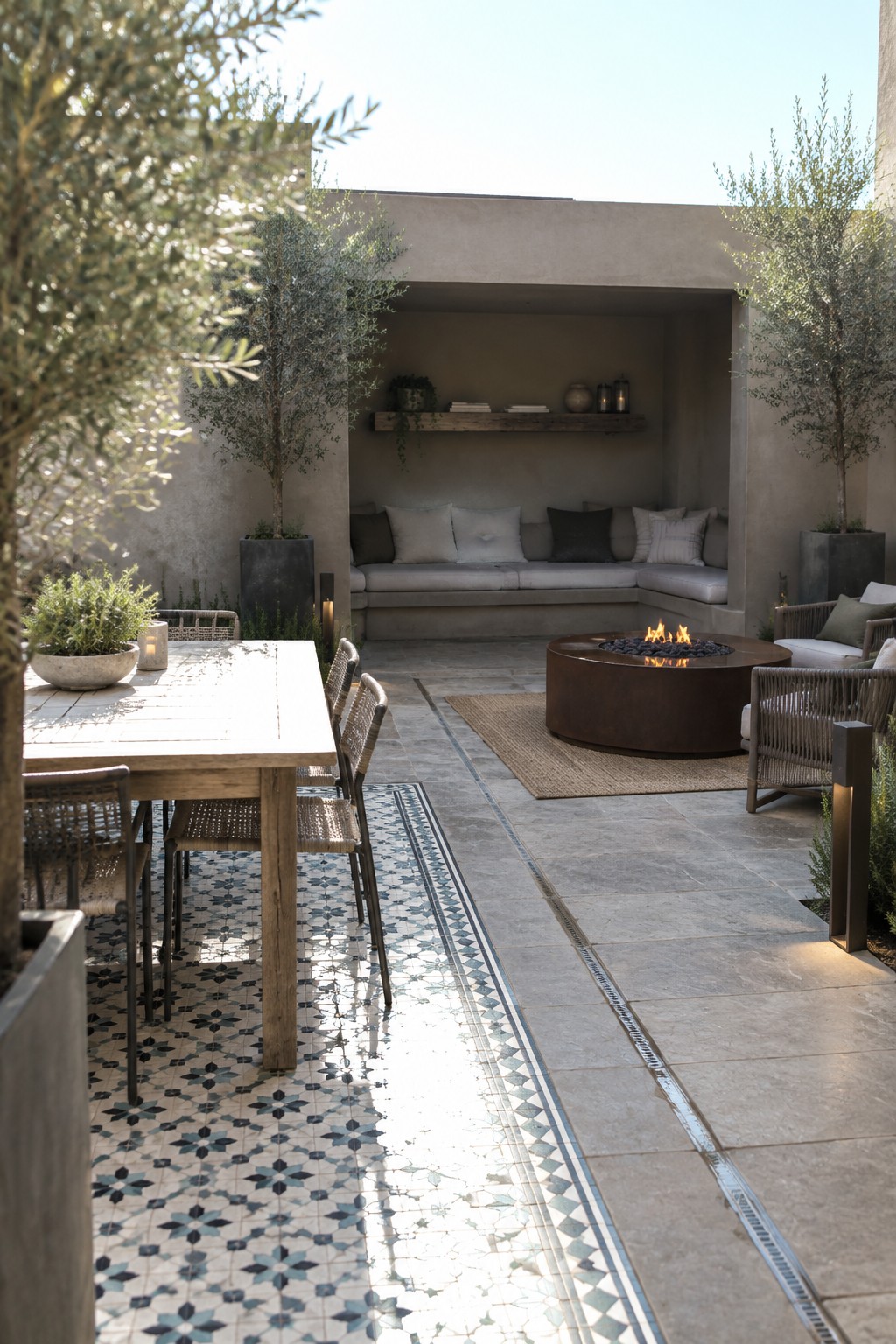 A backyard patio showing a wooden dining table on patterned tile next to a stone paver area with a round fire pit and built-in seating.