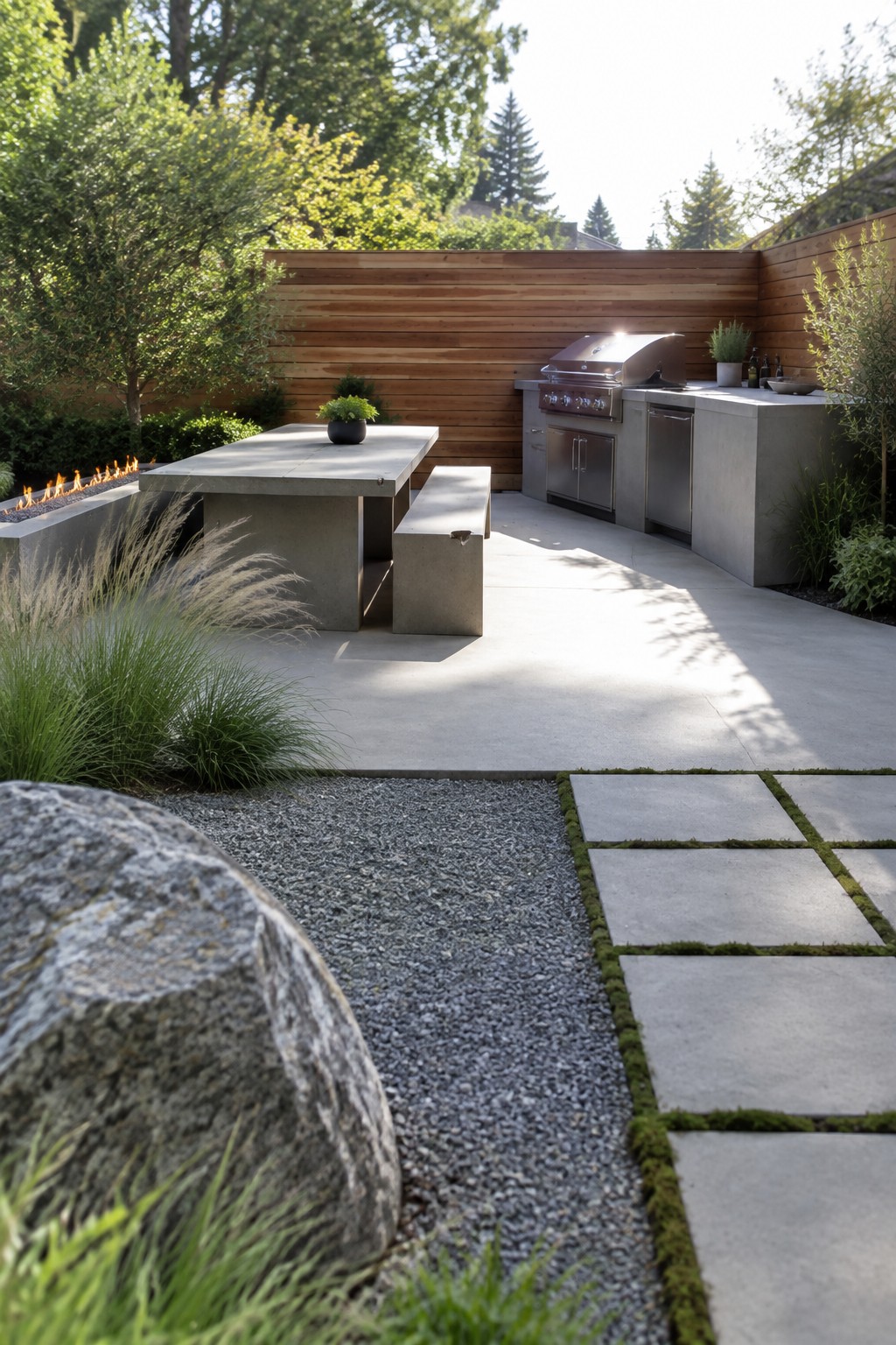Backyard patio with concrete outdoor kitchen, dining table on a concrete slab, gravel path, and square pavers with grass joints.